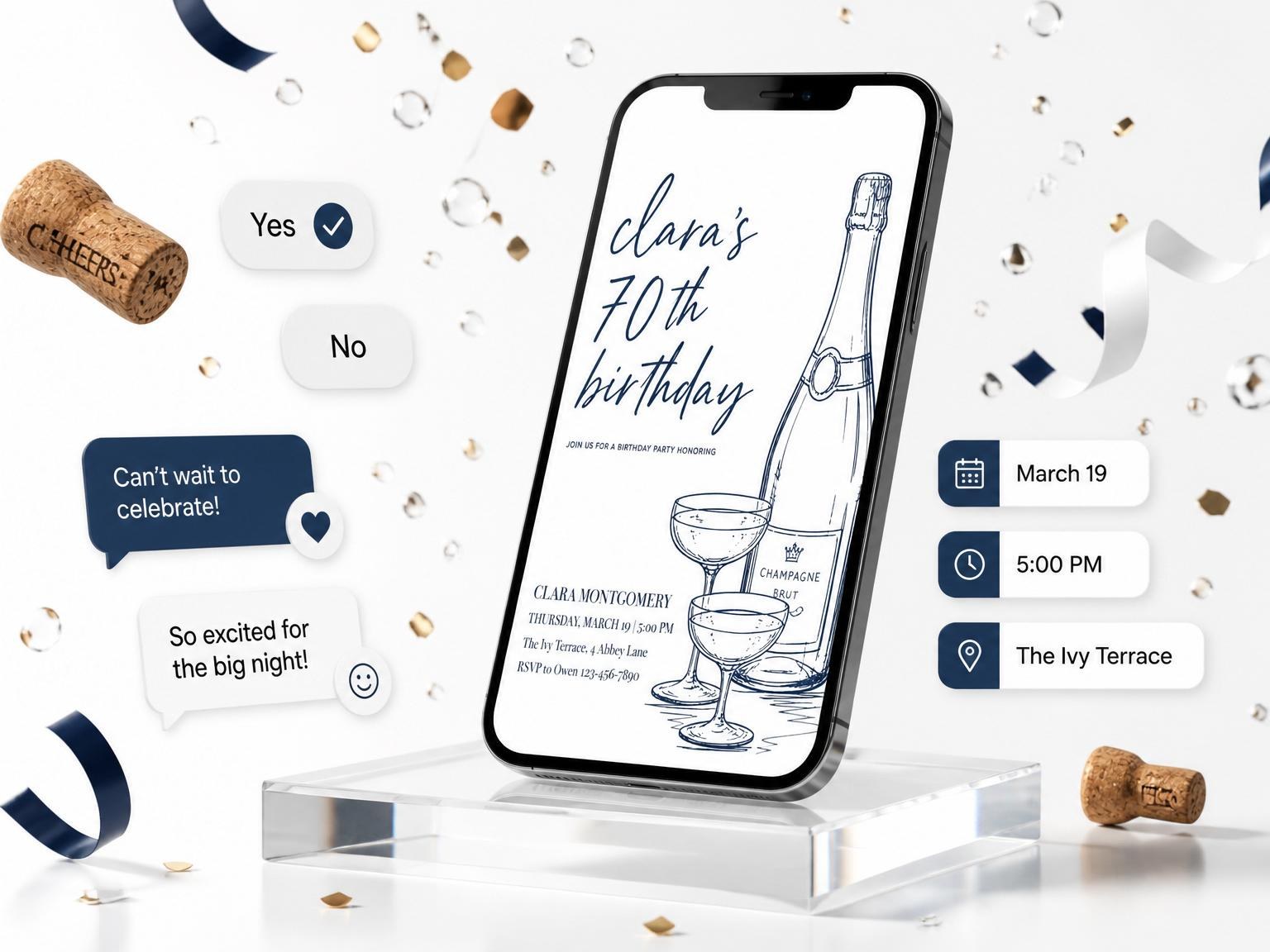 The Navy Ink Champagne 70th Birthday invitation on a phone, with guest RSVPs arriving around it