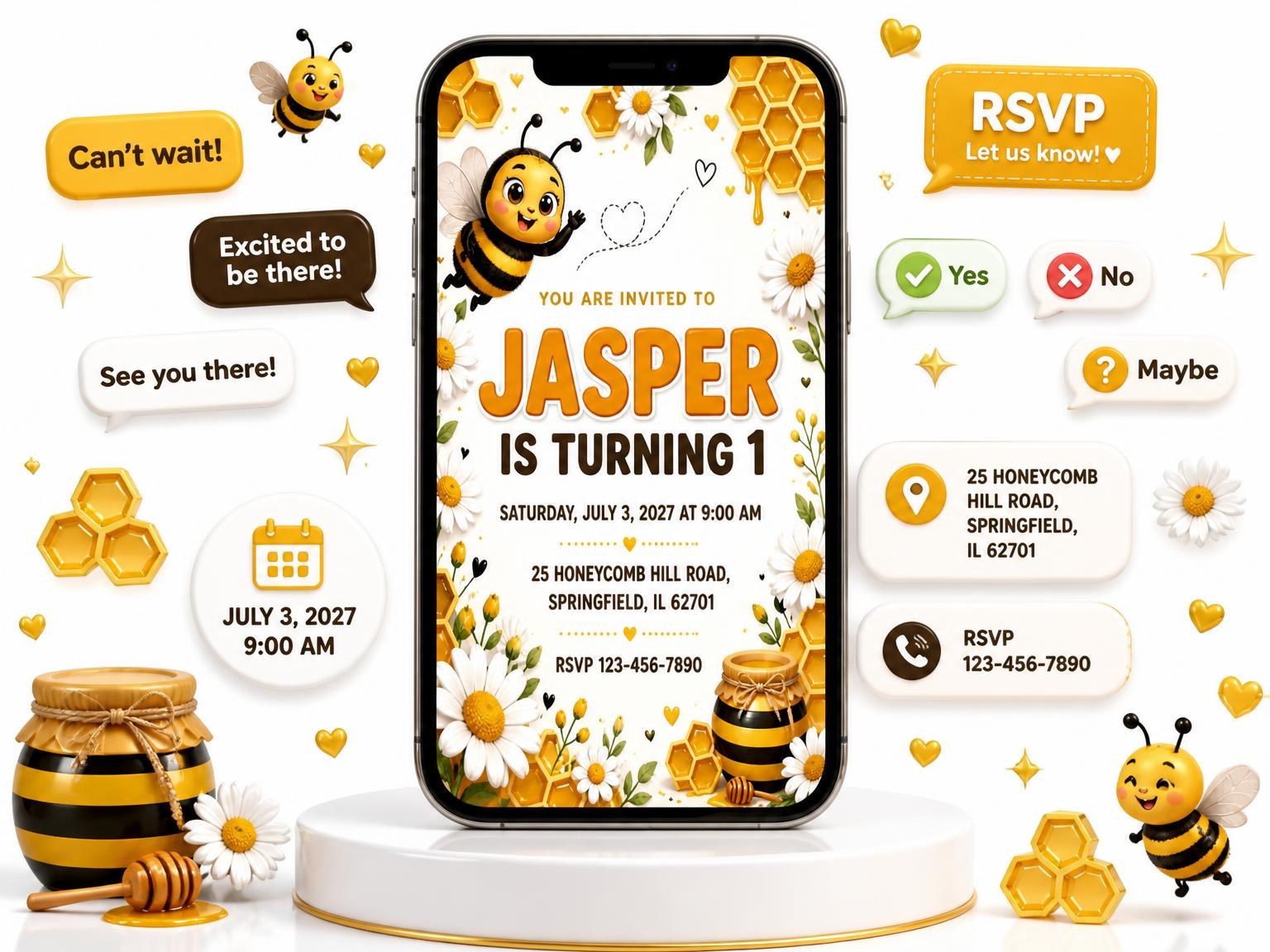 The Honeybee Daisy 1st Birthday Invitation invitation on a phone, with guest RSVPs arriving around it