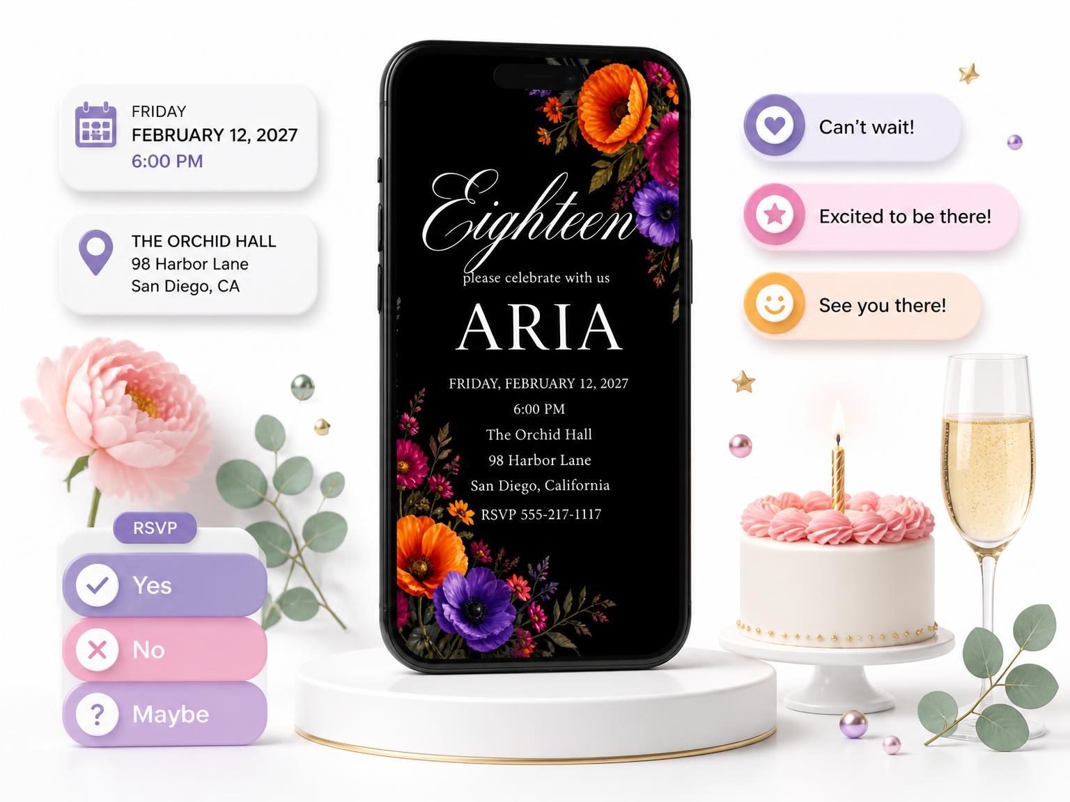 The Black Floral 18th Birthday Invitation invitation on a phone, with guest RSVPs arriving around it