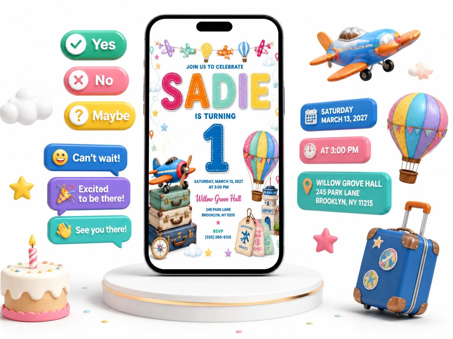 The Stitched Up and Away 1st Birthday Invitation invitation on a phone, with guest RSVPs arriving around it