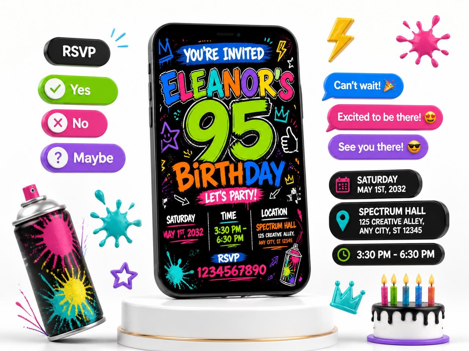 The Graffiti Street Art 95th Birthday Invitation invitation on a phone, with guest RSVPs arriving around it