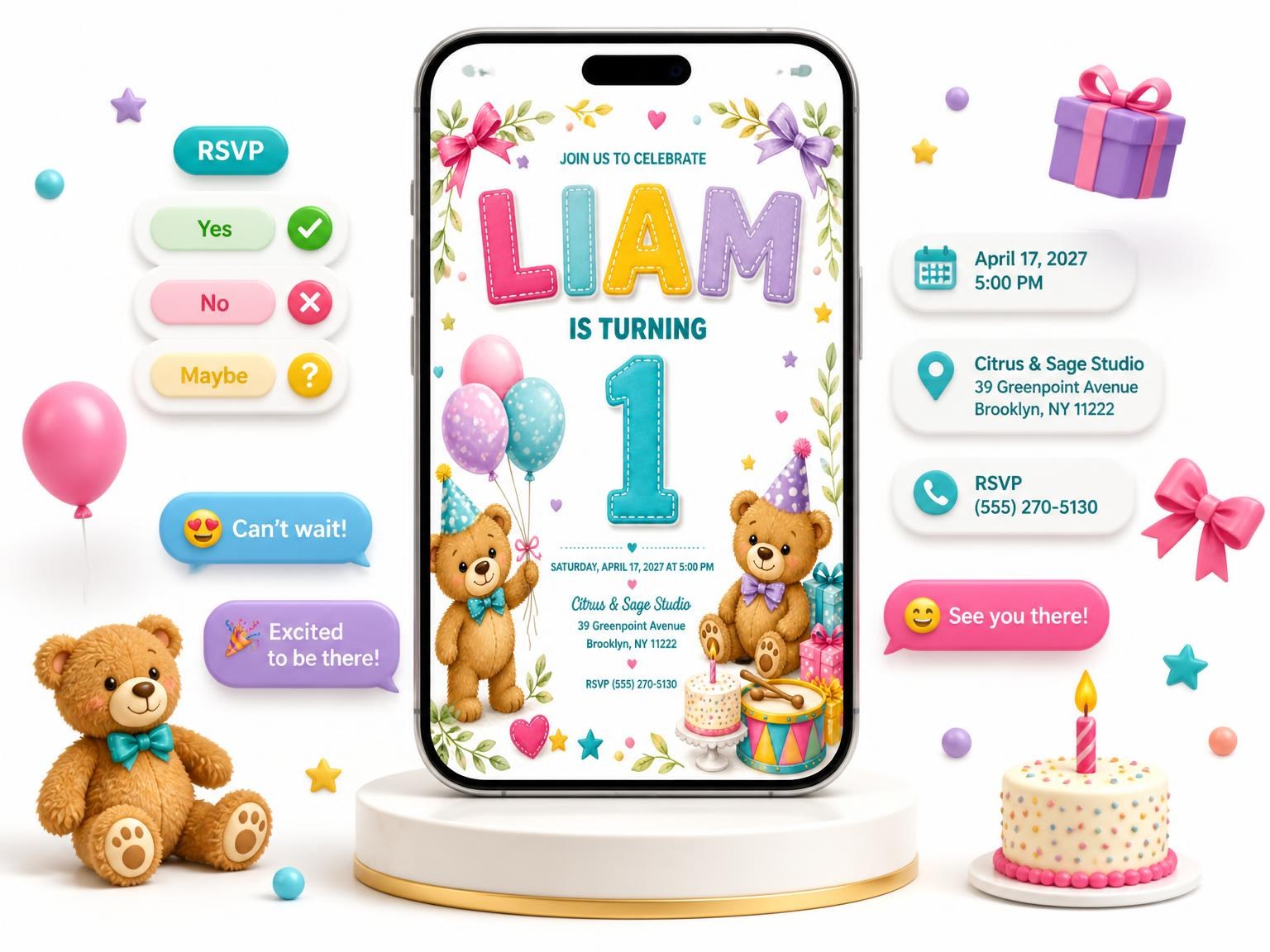The Stitched Teddy Bear 1st Birthday Invitation invitation on a phone, with guest RSVPs arriving around it