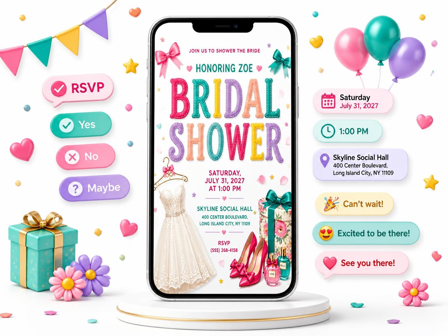 The Pink Bridal Shower Invitation invitation on a phone, with guest RSVPs arriving around it