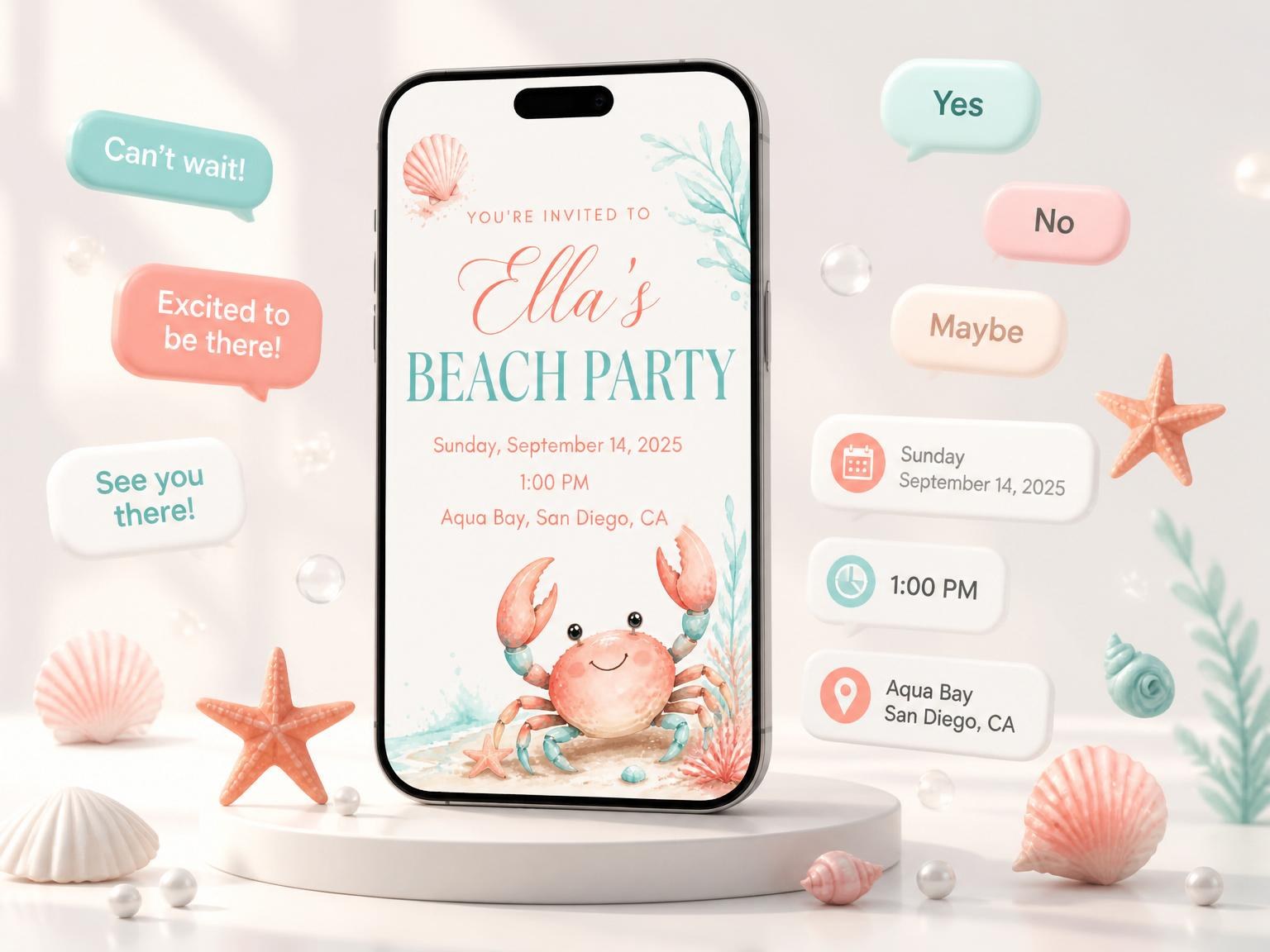 The Watercolor Crab Beach Party Invitation invitation on a phone, with guest RSVPs arriving around it