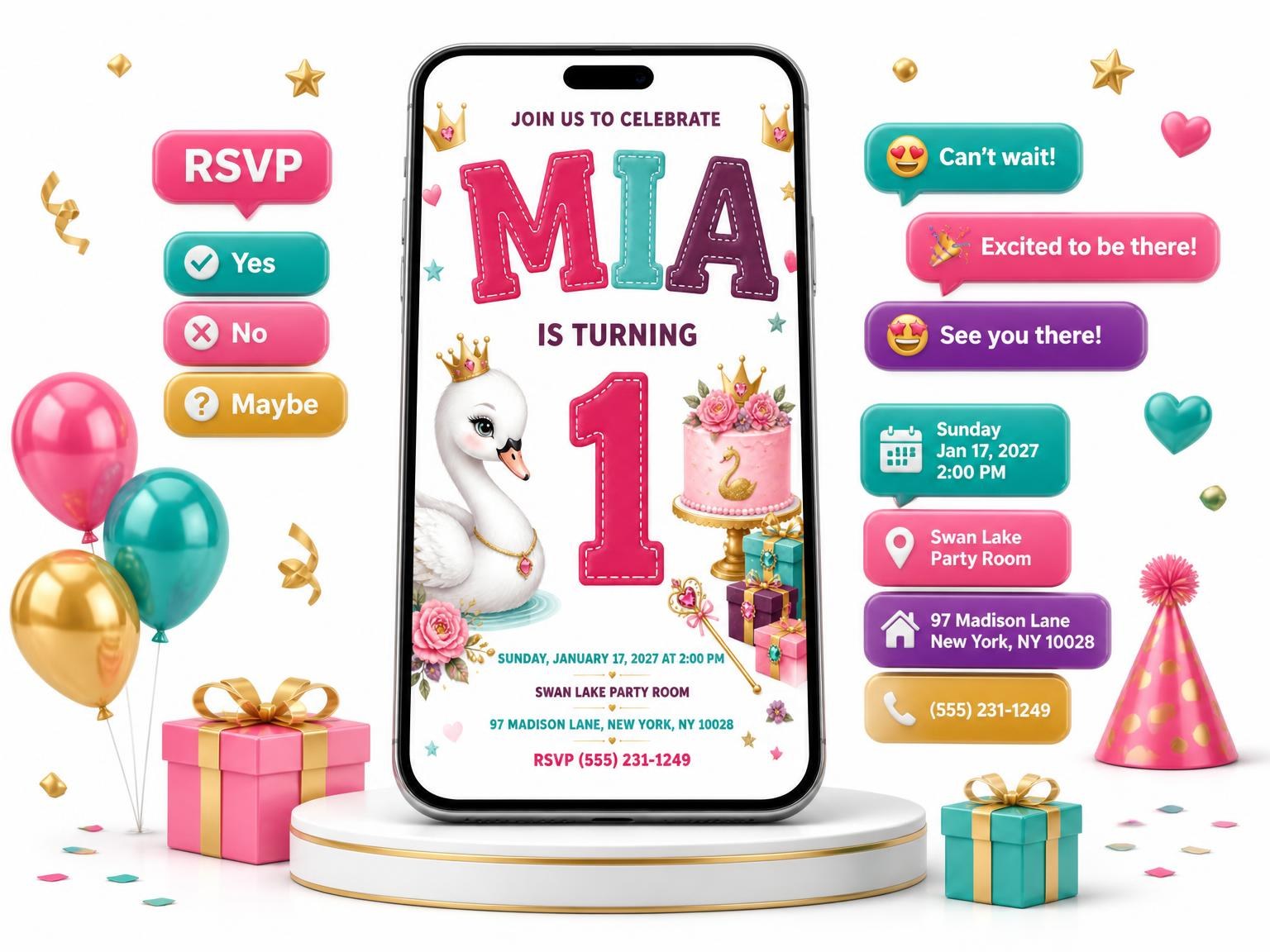 The Cake Presents Stitched 1st Birthday Invitation invitation on a phone, with guest RSVPs arriving around it