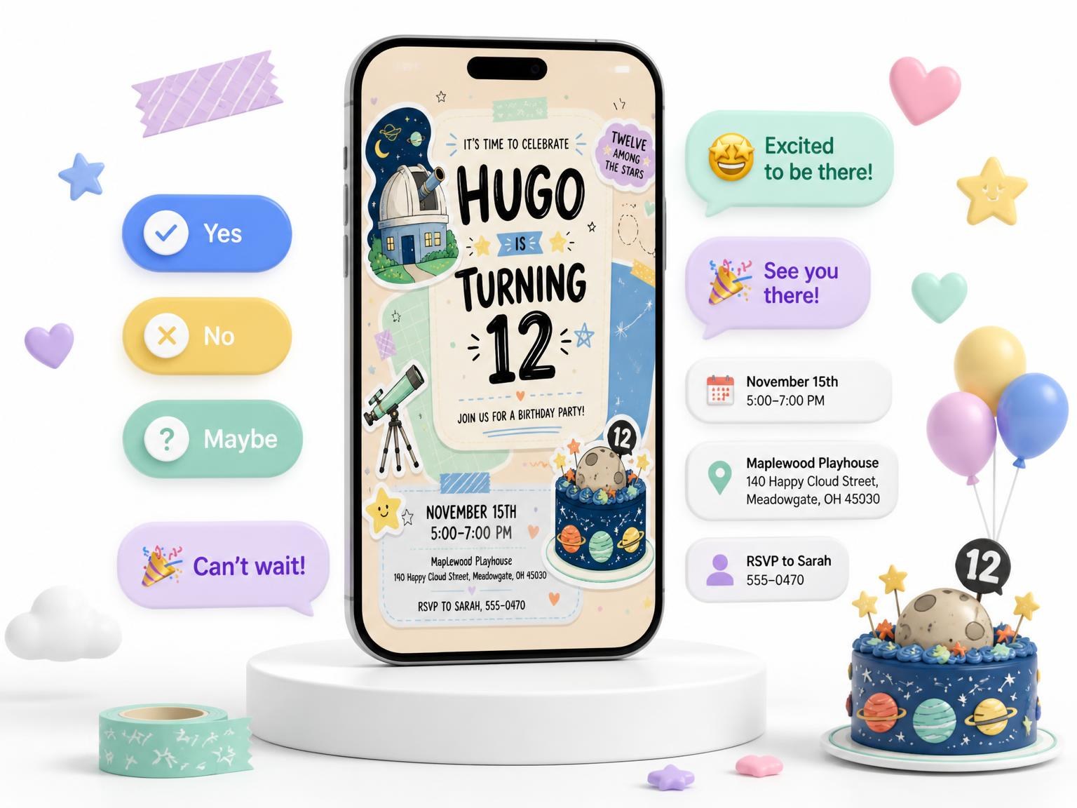 The Observatory Dome 12th Birthday Invitation invitation on a phone, with guest RSVPs arriving around it