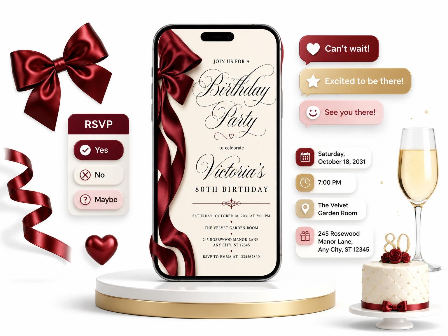 The Burgundy Satin Bow 80th Birthday Invitation invitation on a phone, with guest RSVPs arriving around it