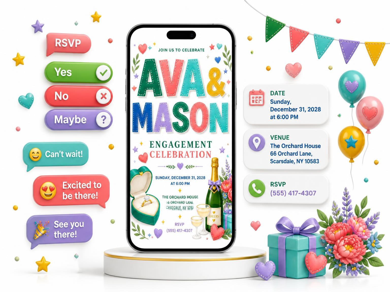 The Heart Engagement Celebration Invitation invitation on a phone, with guest RSVPs arriving around it