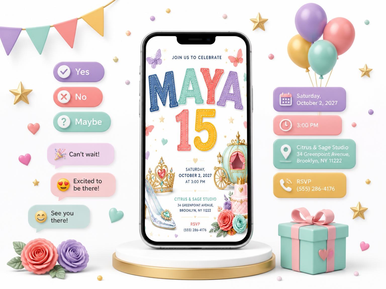 The Pastel Princess 15th Birthday Invitation invitation on a phone, with guest RSVPs arriving around it