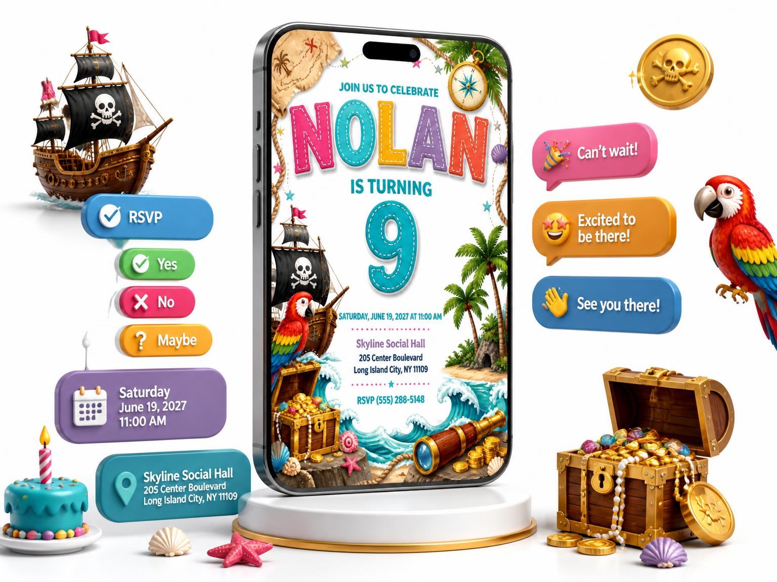 The Pirate Adventure 9th Birthday Invitation invitation on a phone, with guest RSVPs arriving around it