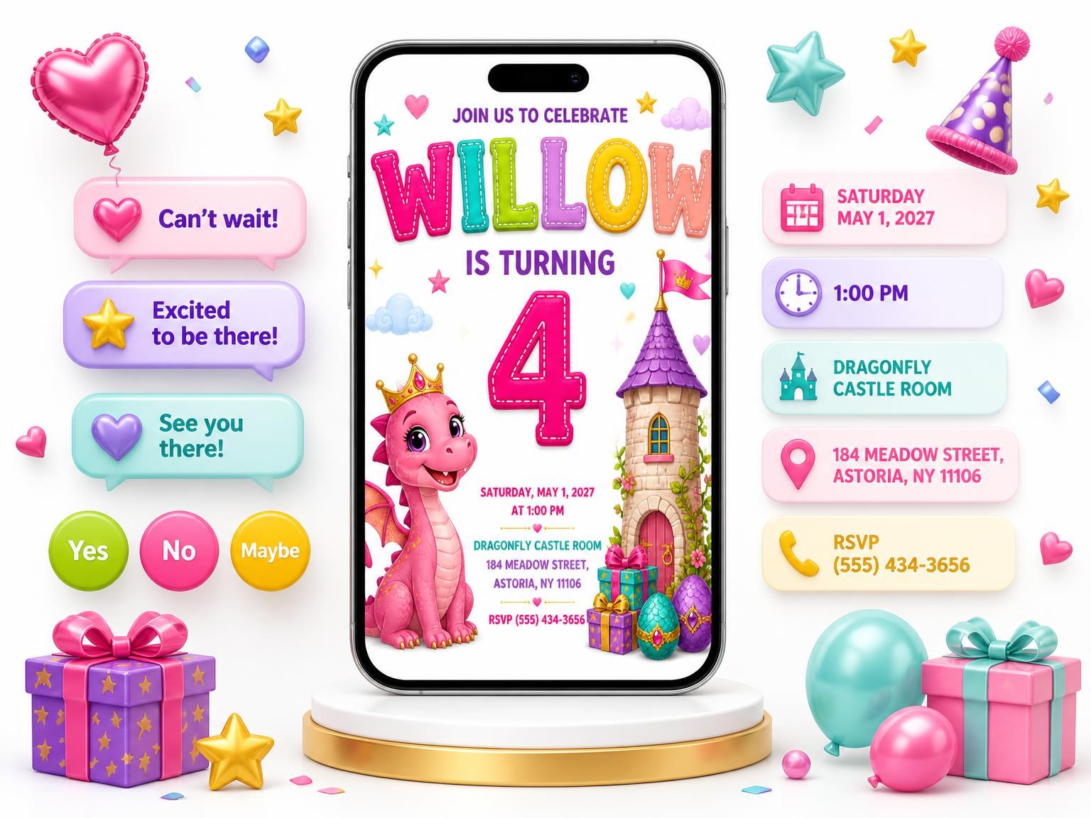 The Castle Tower Stitched 4th Birthday Invitation invitation on a phone, with guest RSVPs arriving around it