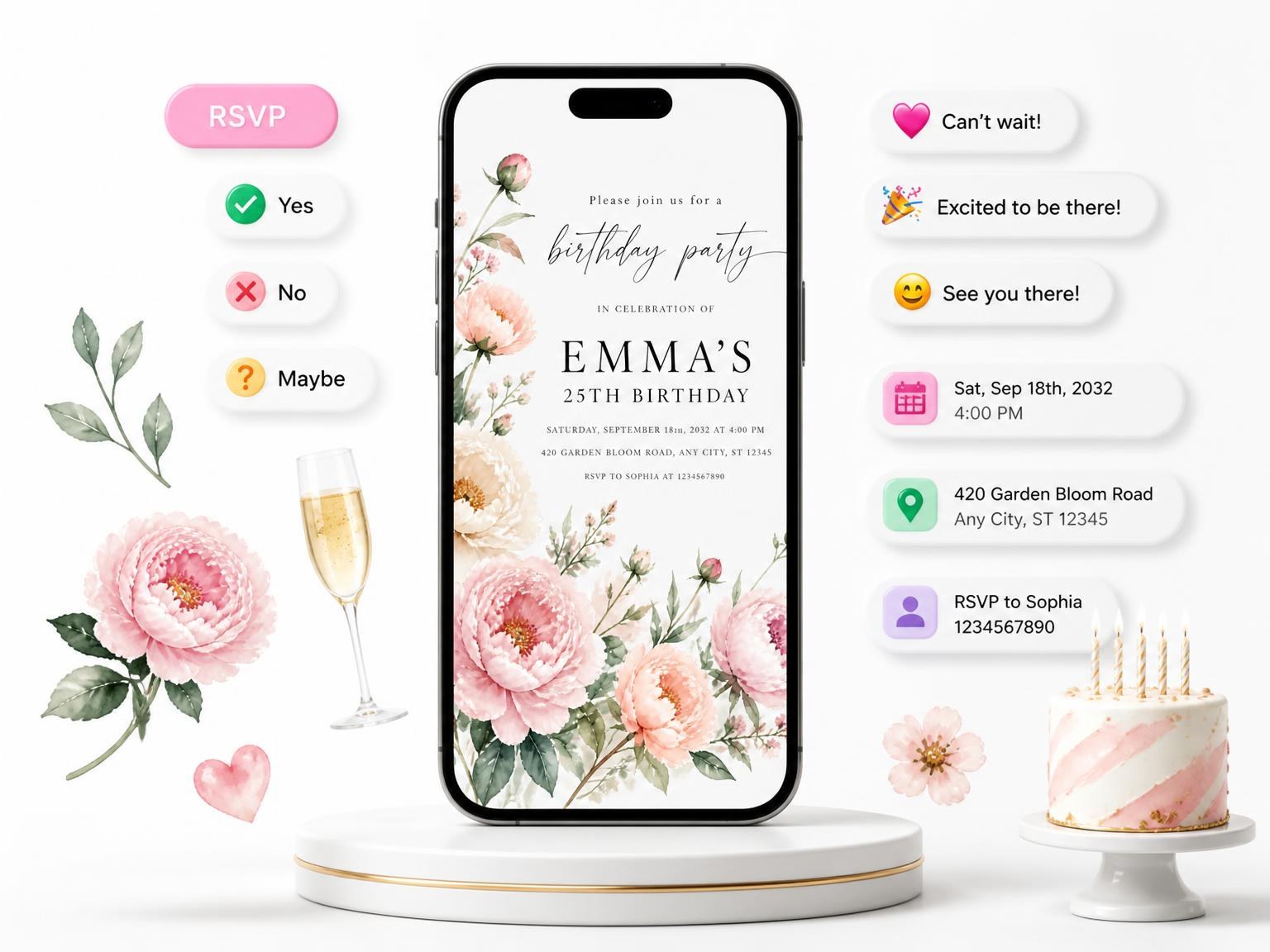 The Peonies Greenery Blush 25th Birthday Invitation invitation on a phone, with guest RSVPs arriving around it