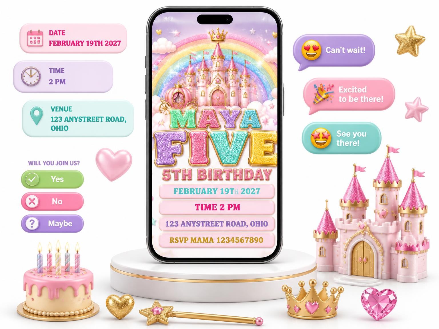 The Glitter Princess Castle 5th Birthday Invitation invitation on a phone, with guest RSVPs arriving around it