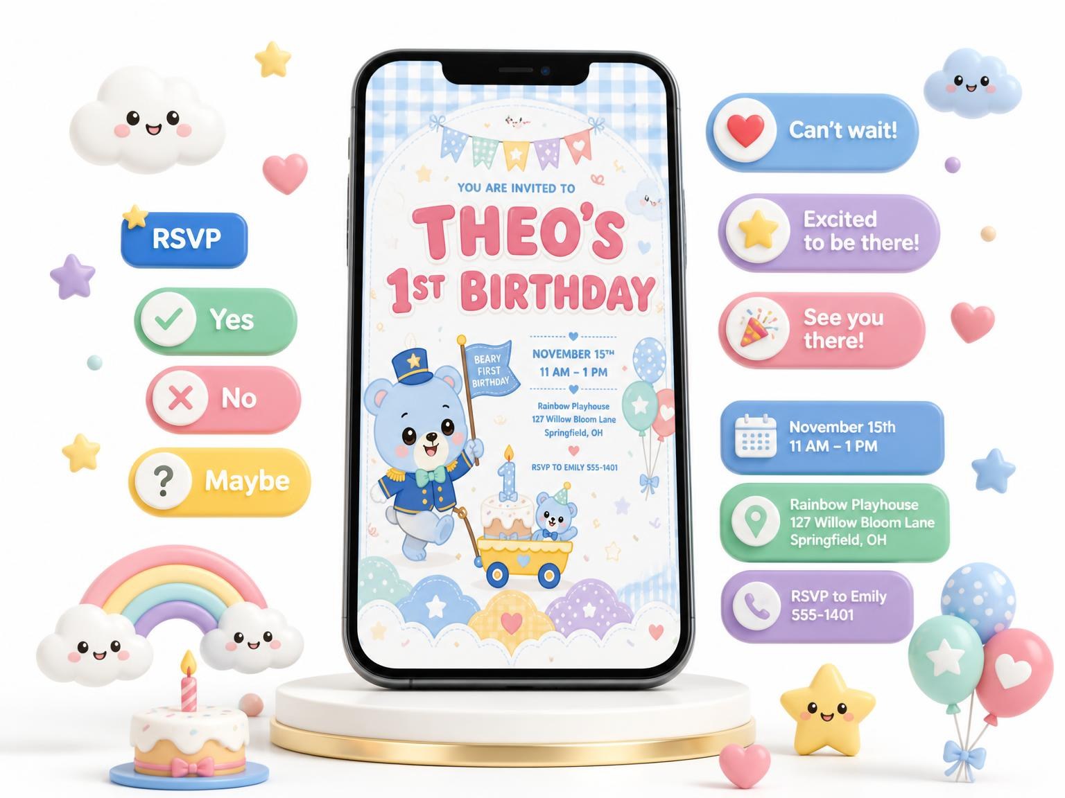 The Toy Wagon Kawaii Pastel 1st Birthday Invitation invitation on a phone, with guest RSVPs arriving around it