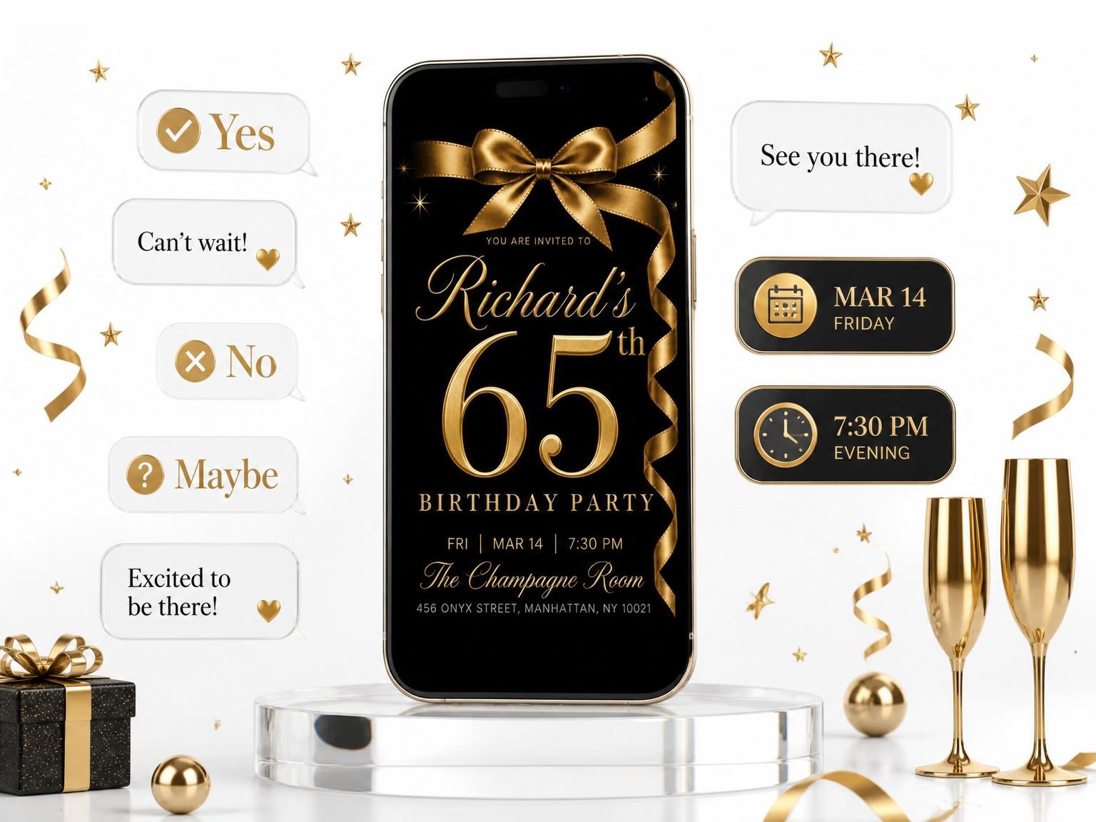 The Gold Ribbon Black 65th Birthday invitation on a phone, with guest RSVPs arriving around it