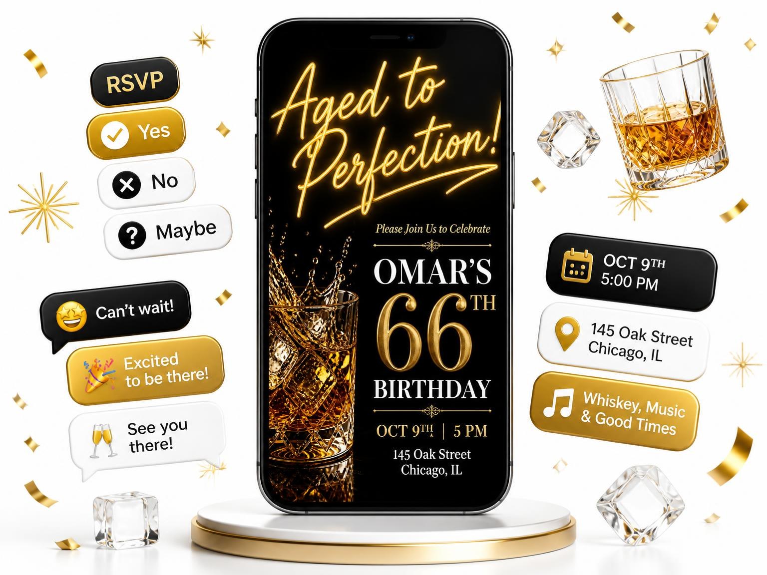 The Whiskey Glass 66th Birthday Invitation invitation on a phone, with guest RSVPs arriving around it
