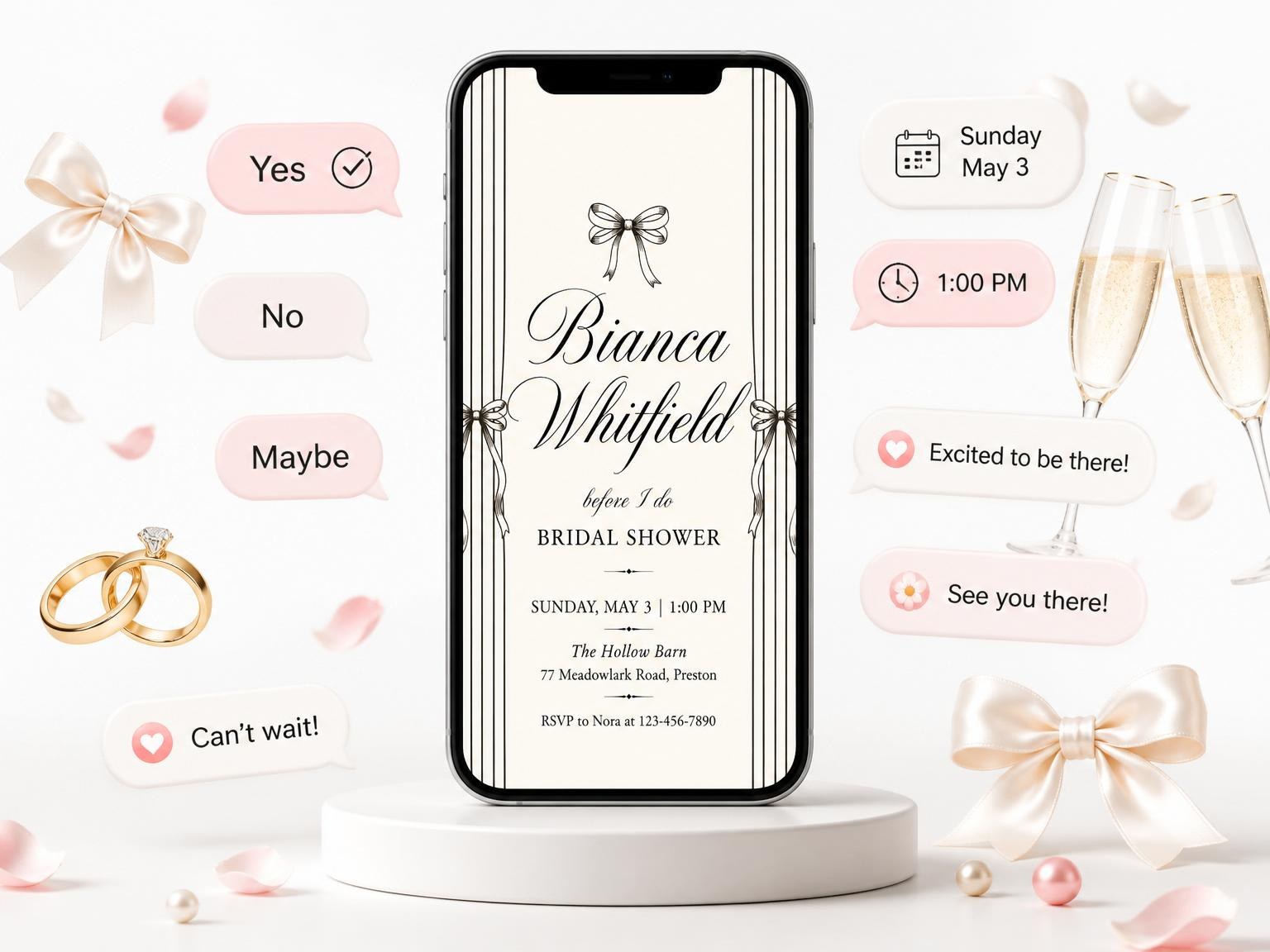 The Ink Pinstripe Bow Bridal Shower invitation on a phone, with guest RSVPs arriving around it