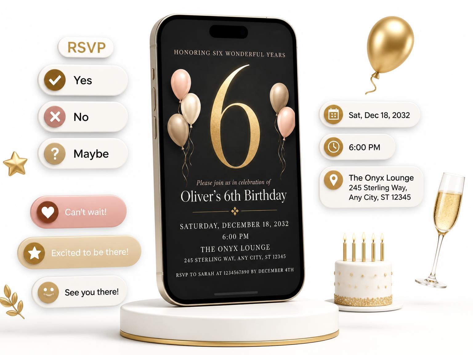 The Charcoal and Blush 6th Birthday Invitation invitation on a phone, with guest RSVPs arriving around it