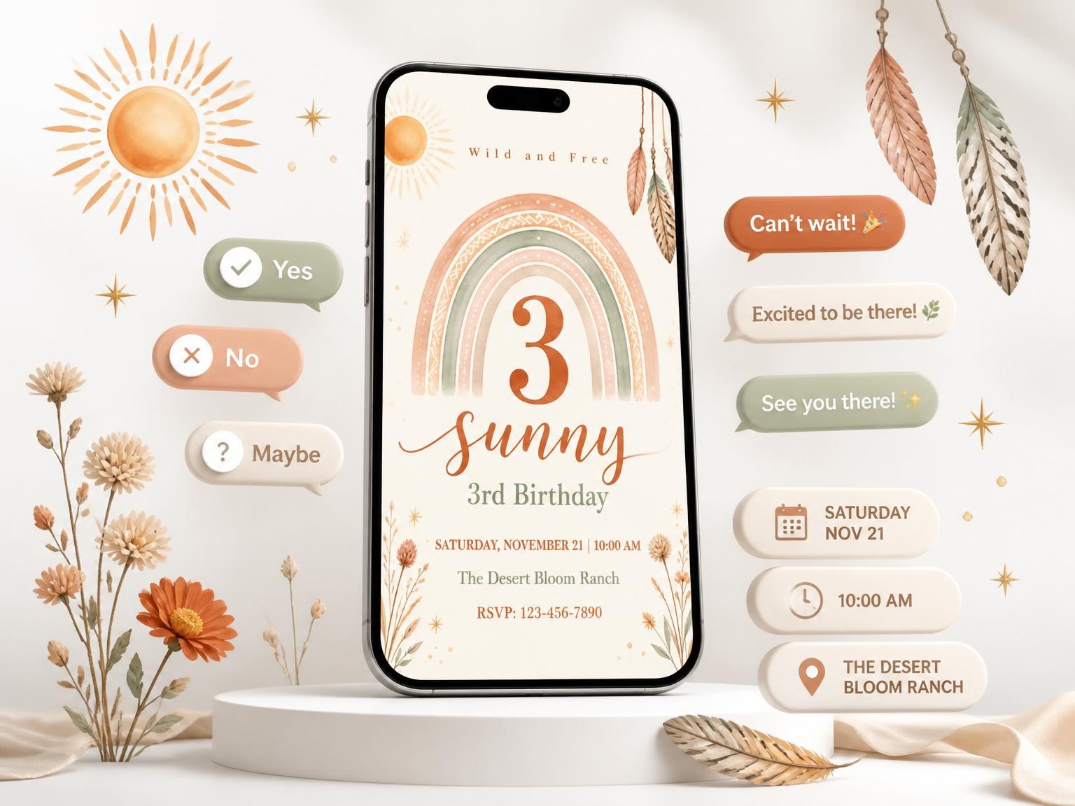 The Terracotta Rainbow Wildflower 3rd Birthday Invitation invitation on a phone, with guest RSVPs arriving around it