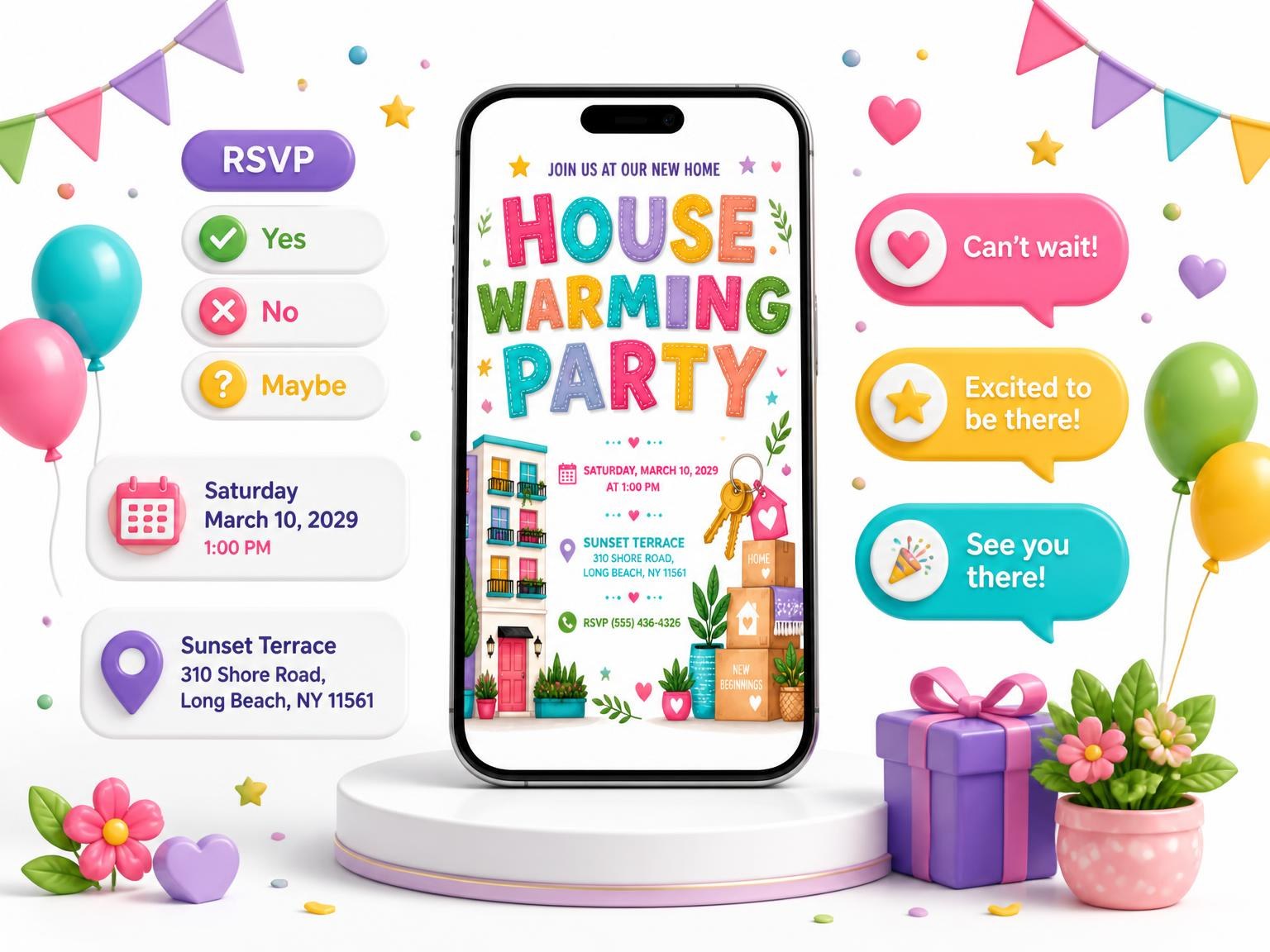 The House Keys Housewarming Party Invitation invitation on a phone, with guest RSVPs arriving around it