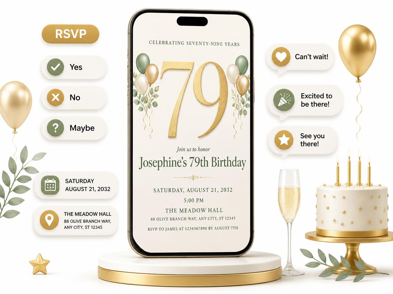 The Sage and Ivory 79th Birthday Invitation invitation on a phone, with guest RSVPs arriving around it