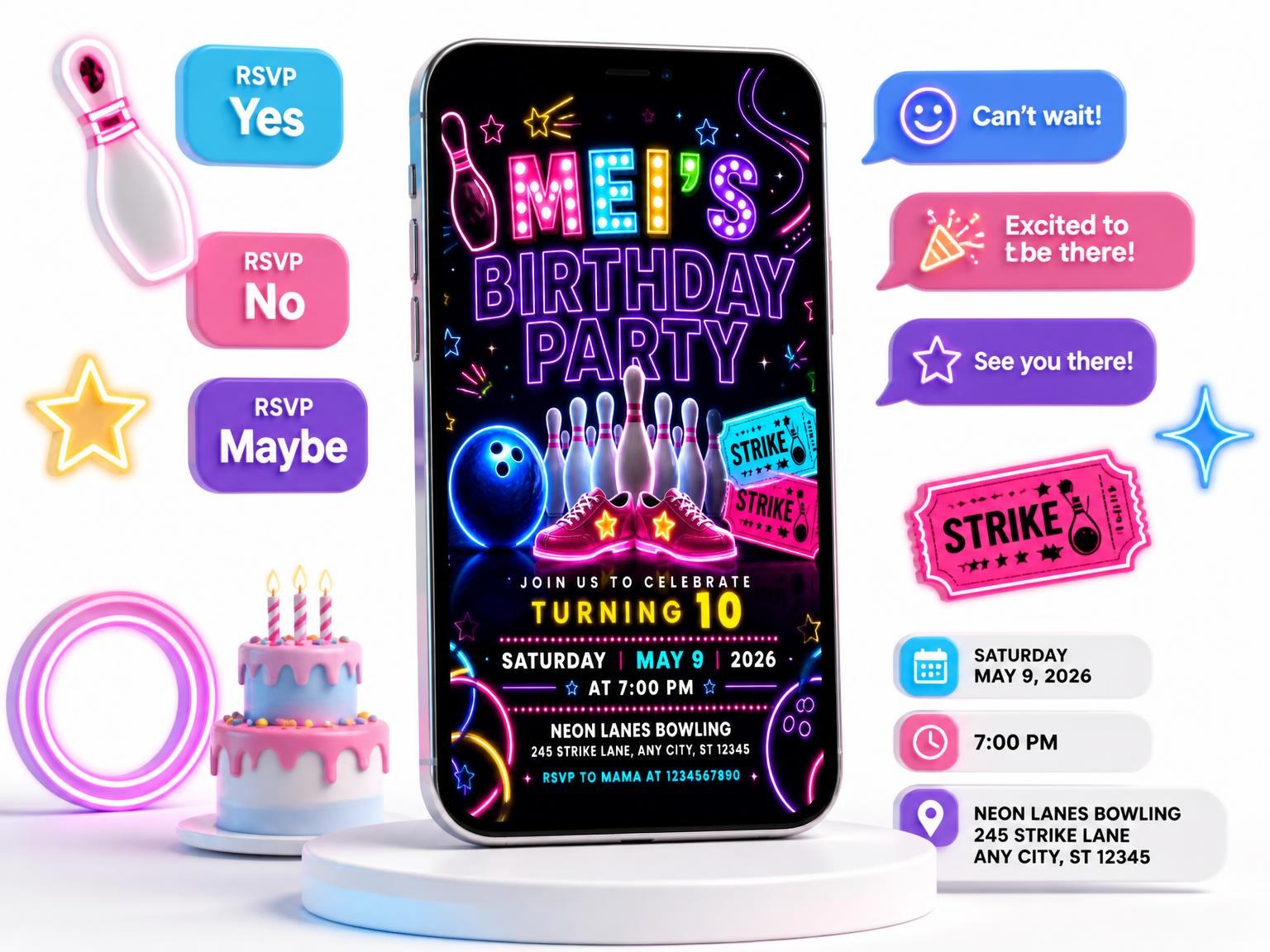 The Neon Bowling 10th Birthday Invitation invitation on a phone, with guest RSVPs arriving around it
