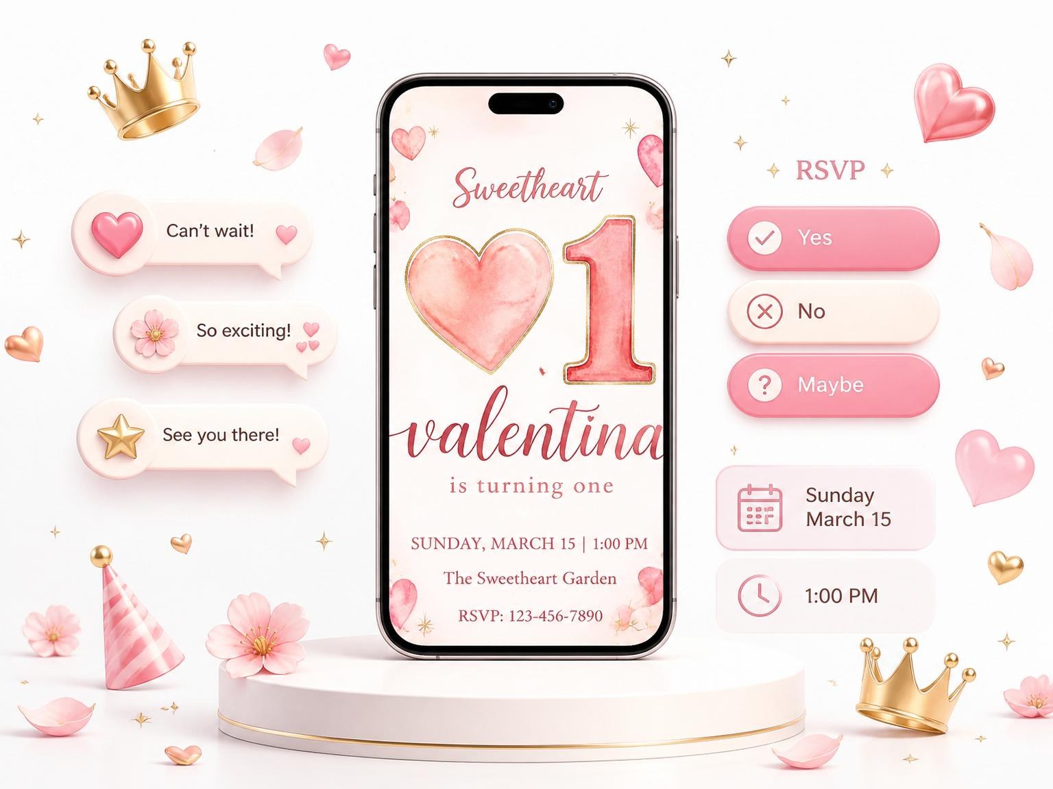 The Blush Watercolor Heart First Birthday invitation on a phone, with guest RSVPs arriving around it
