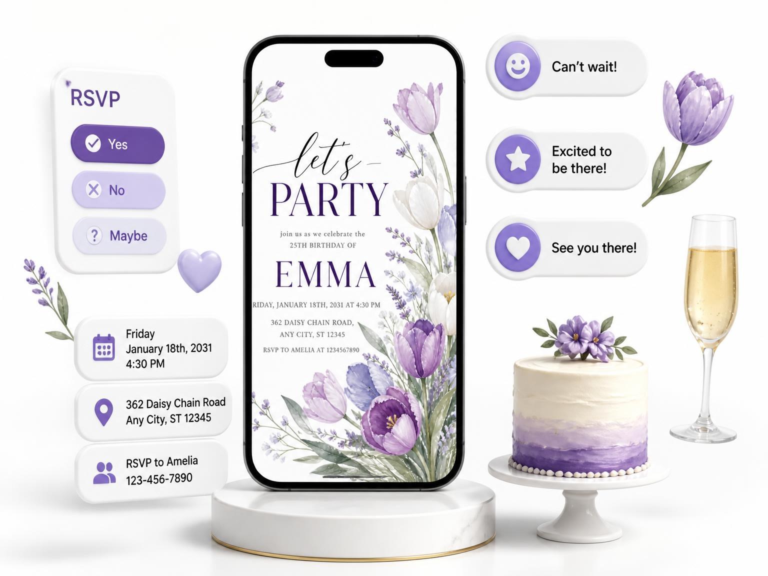 The Tulip Lavender 25th Birthday Invitation invitation on a phone, with guest RSVPs arriving around it