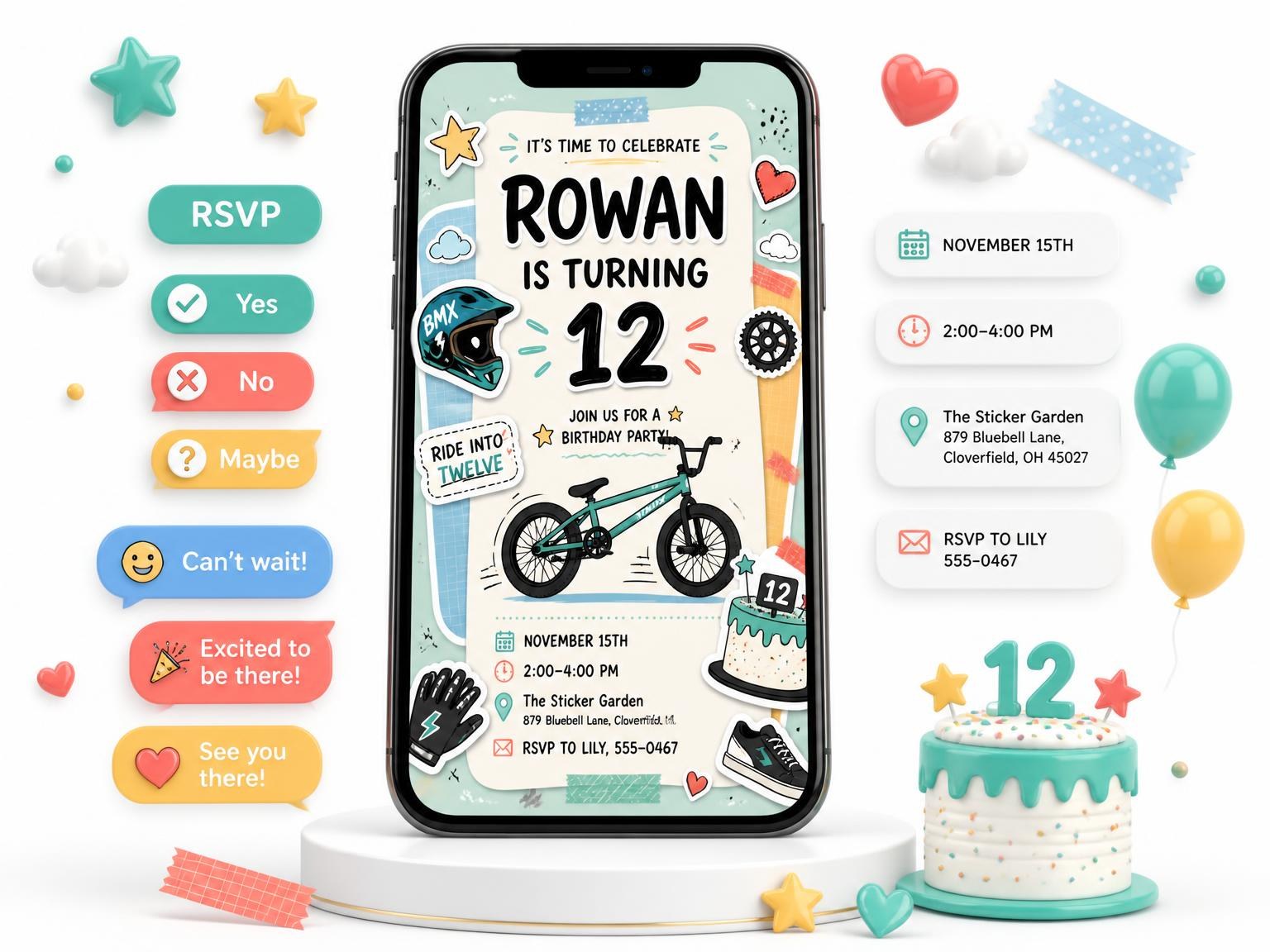 The Pastel BMX Bike 12th Birthday Invitation invitation on a phone, with guest RSVPs arriving around it