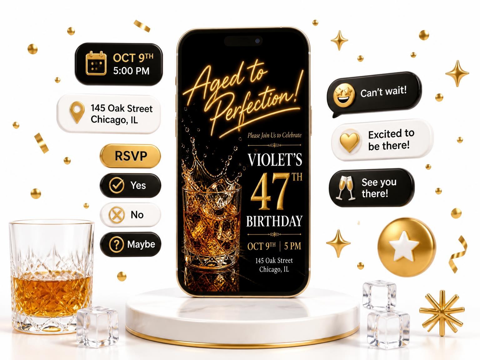The Whiskey Glass 47th Birthday Invitation invitation on a phone, with guest RSVPs arriving around it