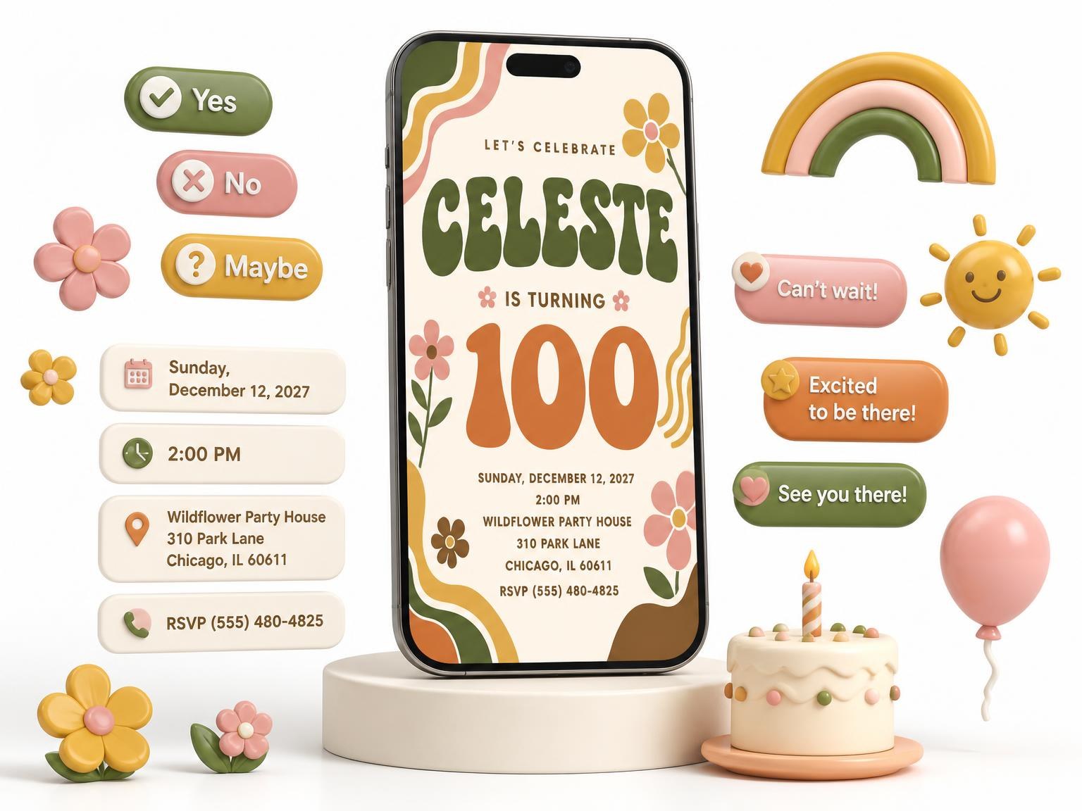 The Groovy Retro 100th Birthday Invitation invitation on a phone, with guest RSVPs arriving around it
