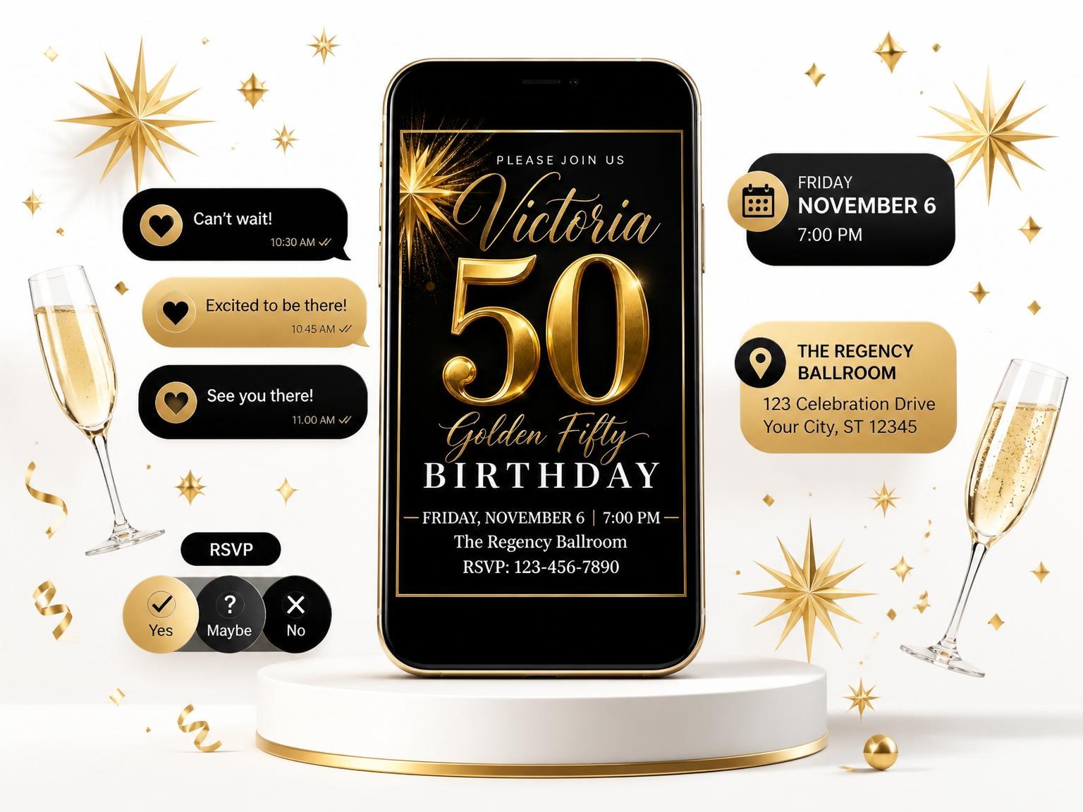 The Gold 3D Starburst 50th Birthday invitation on a phone, with guest RSVPs arriving around it