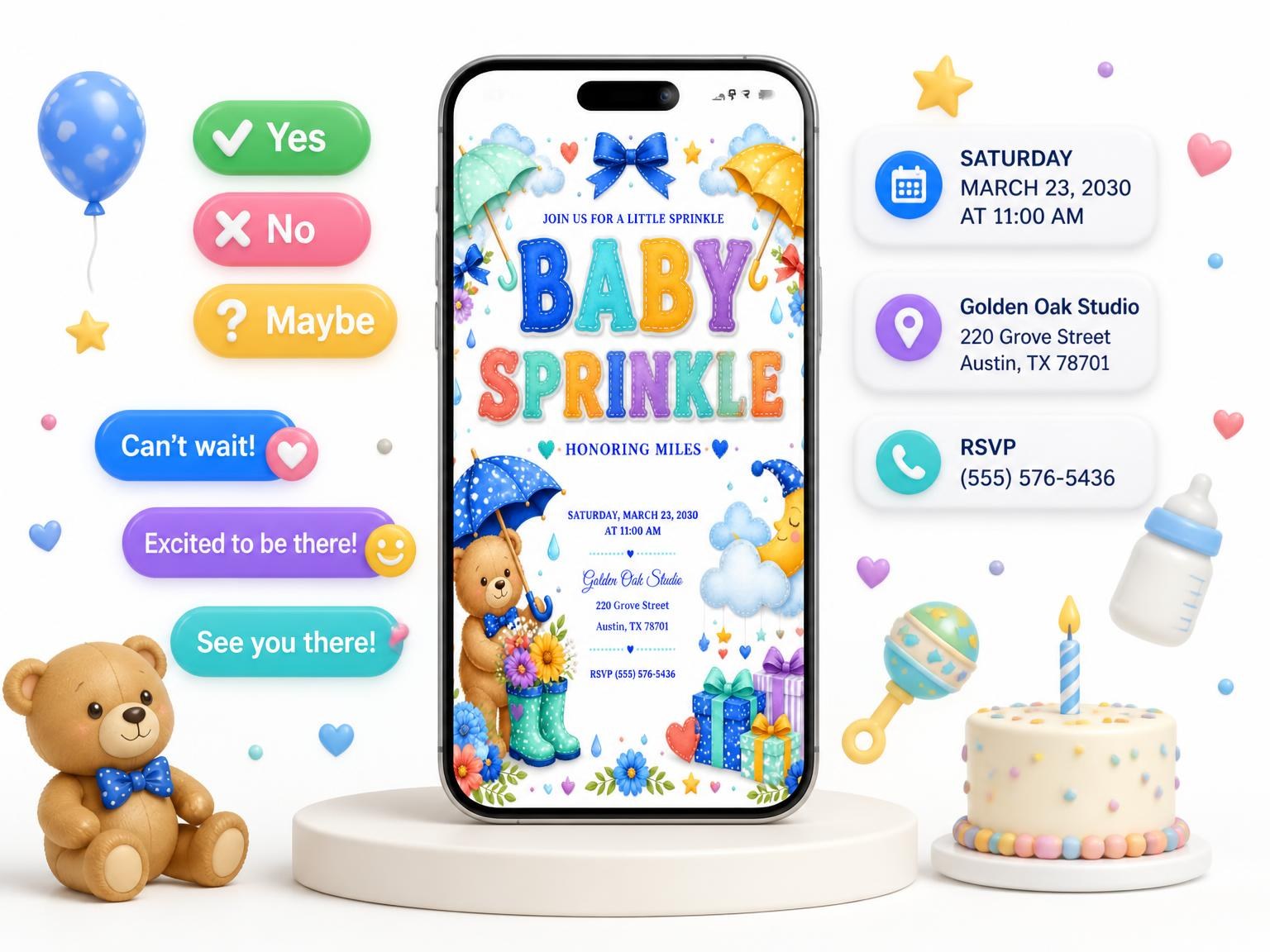 The Crescent Moon Baby Sprinkle Invitation invitation on a phone, with guest RSVPs arriving around it