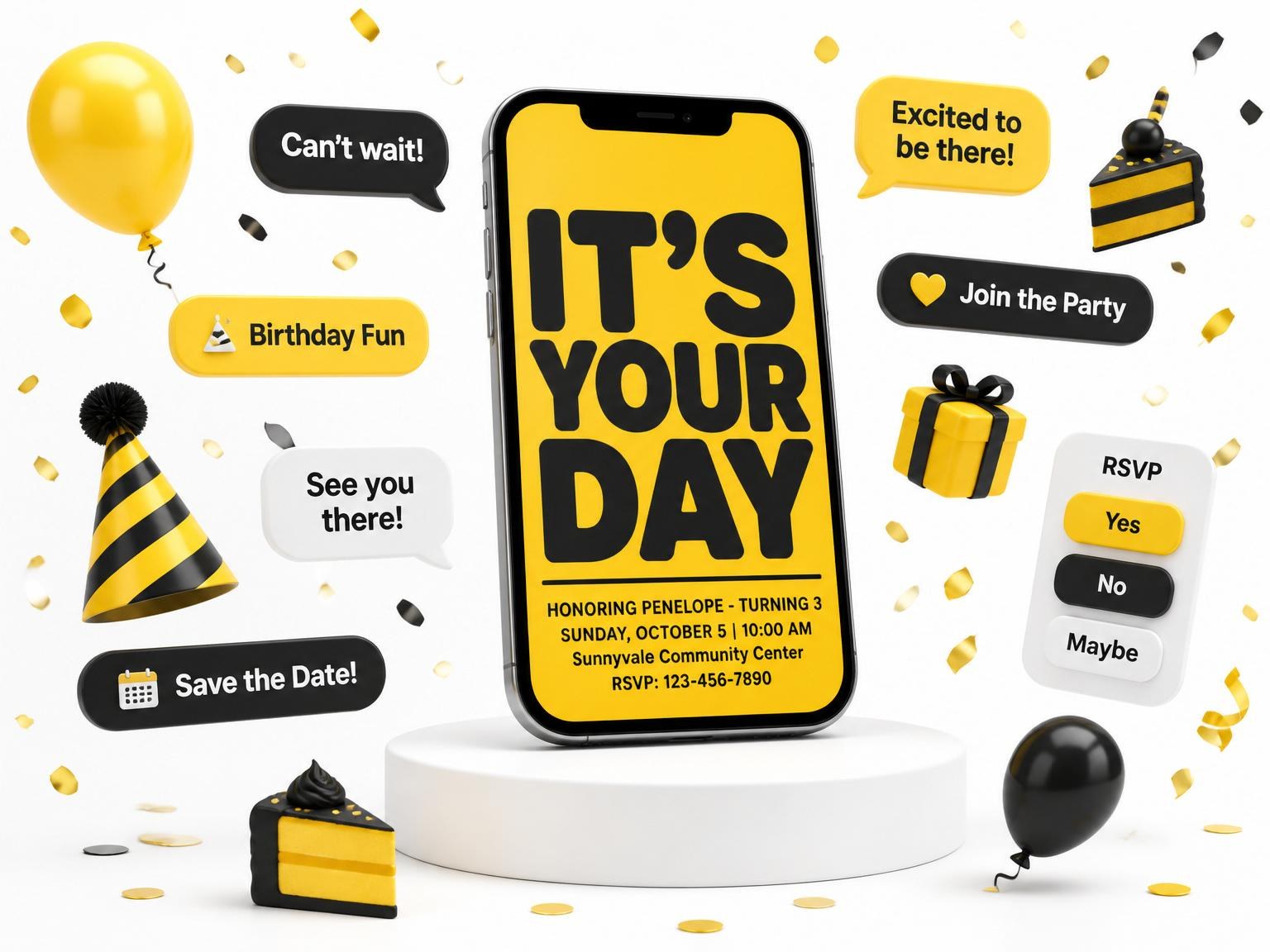 The Minimalist Yellow Bold Typography 3rd Birthday invitation on a phone, with guest RSVPs arriving around it