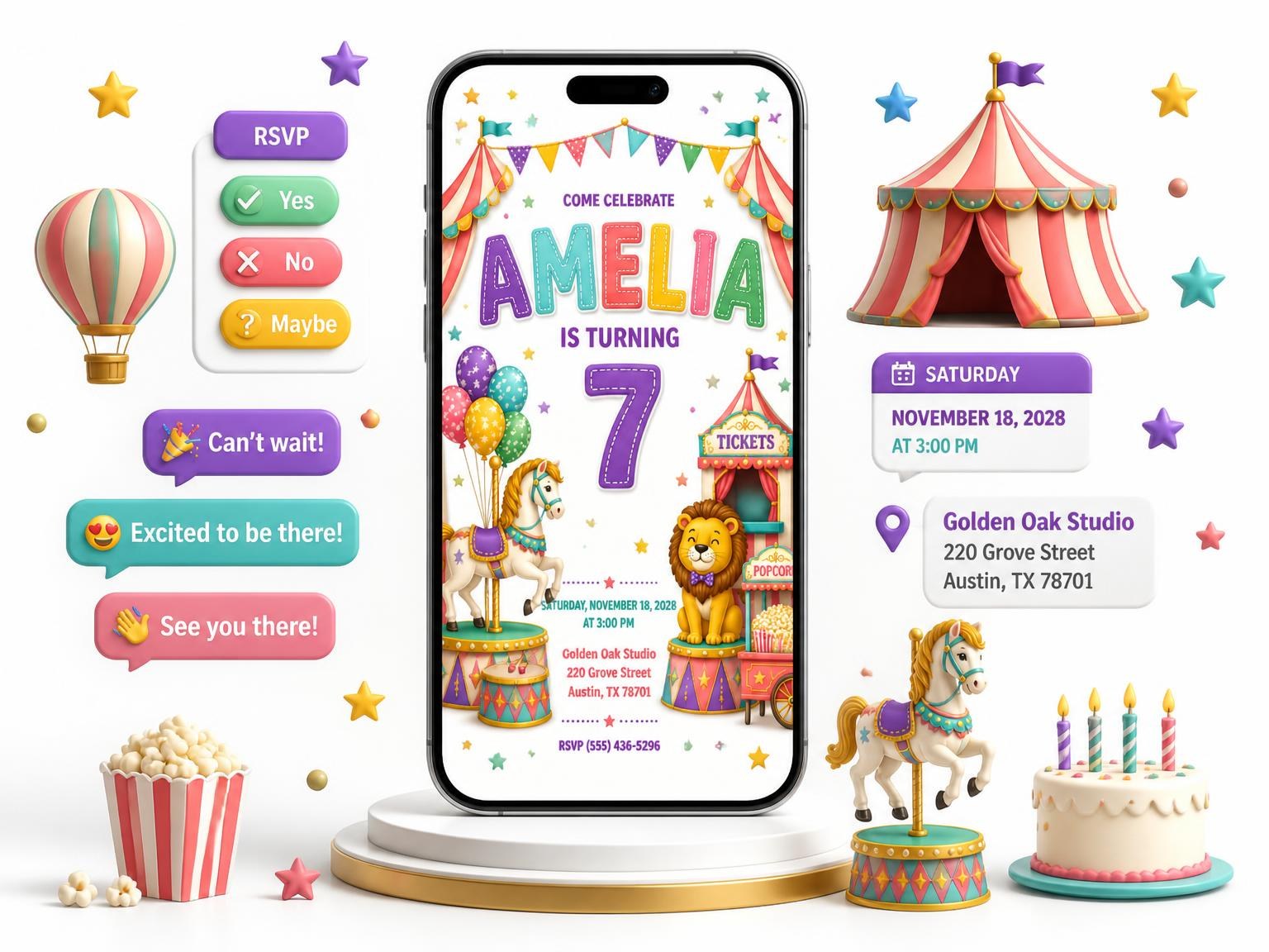 The Stitched Circus 7th Birthday Invitation invitation on a phone, with guest RSVPs arriving around it