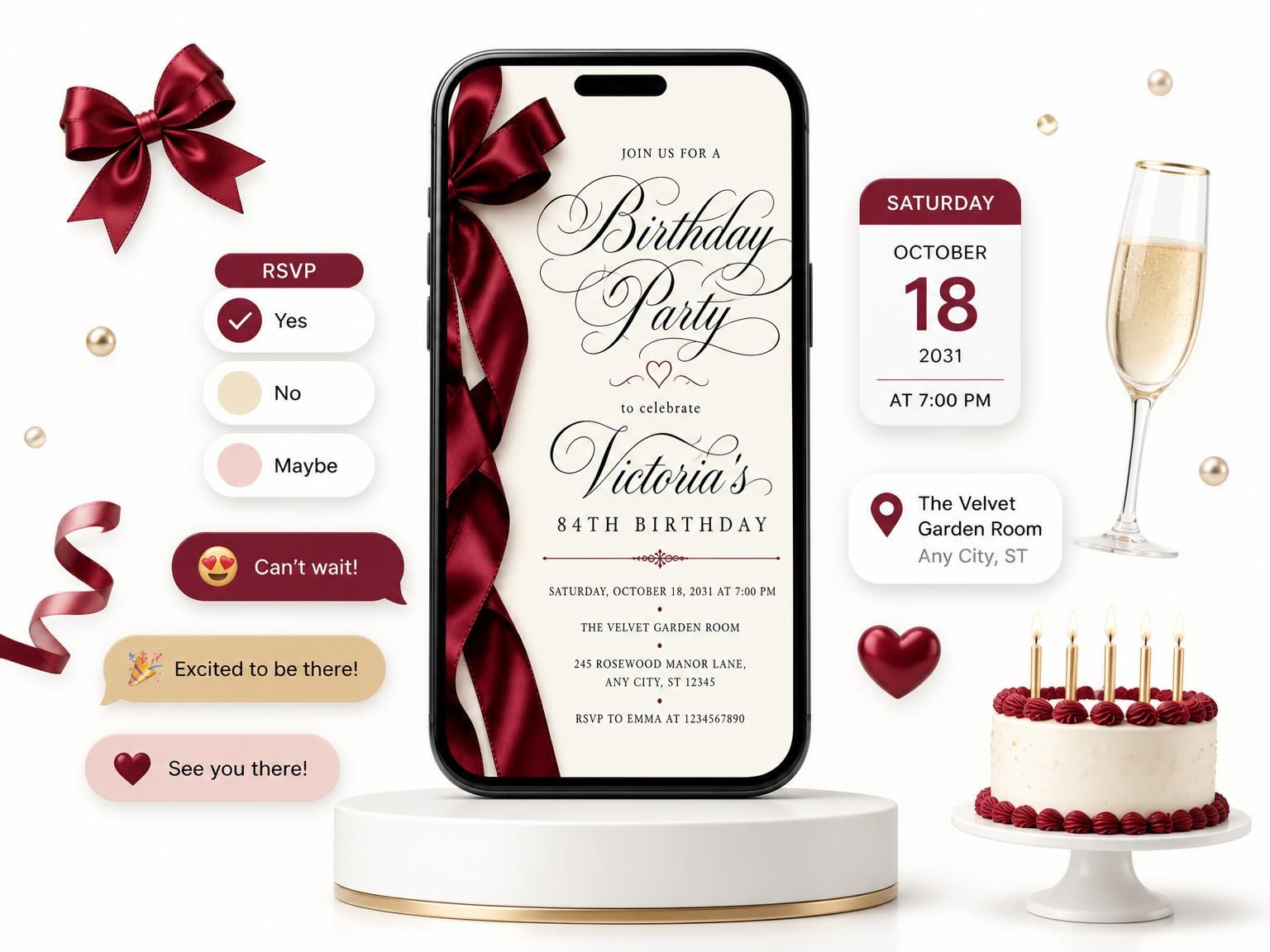 The Burgundy Satin Bow 84th Birthday Invitation invitation on a phone, with guest RSVPs arriving around it