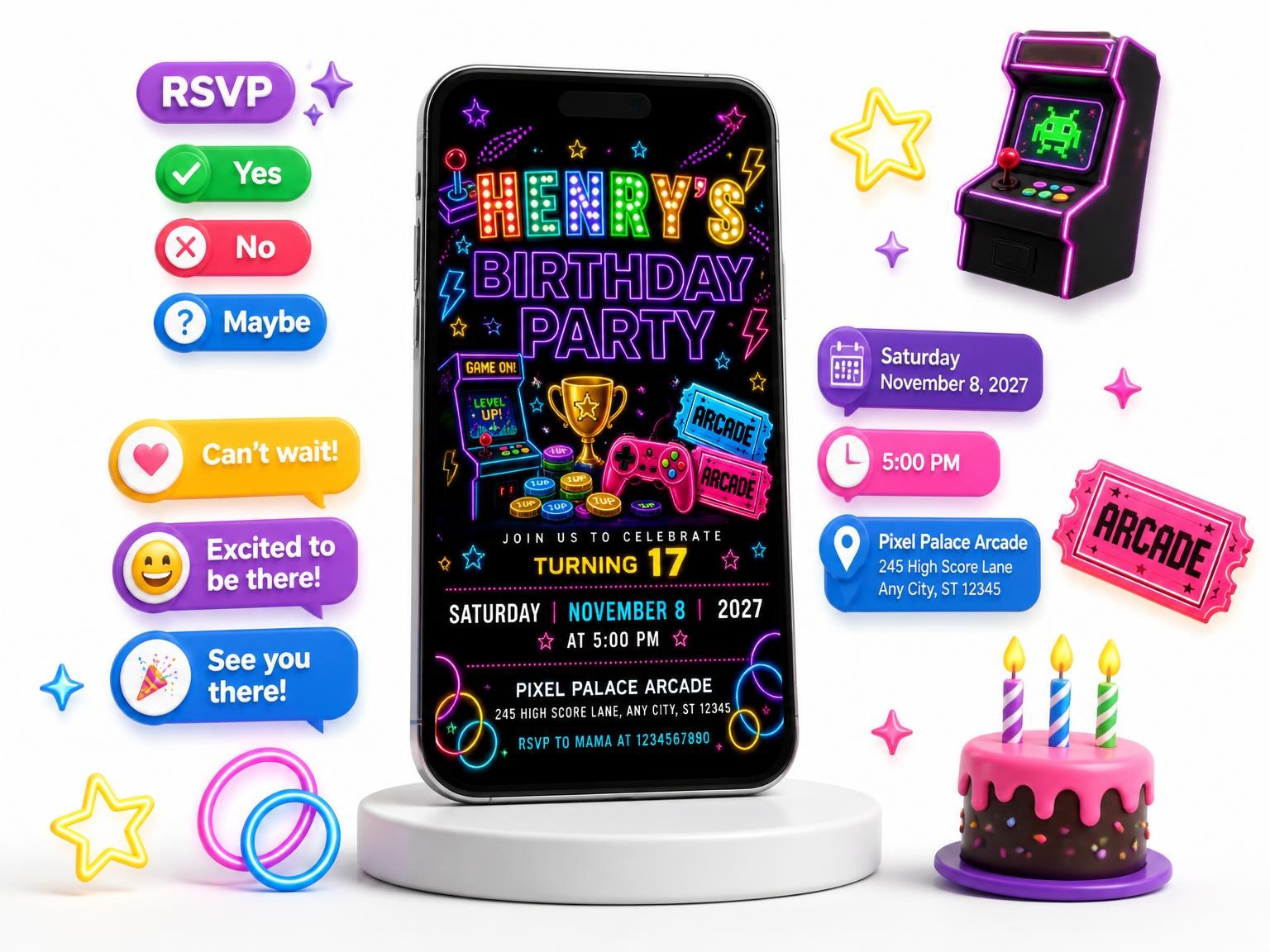 The Neon Arcade 17th Birthday Invitation invitation on a phone, with guest RSVPs arriving around it