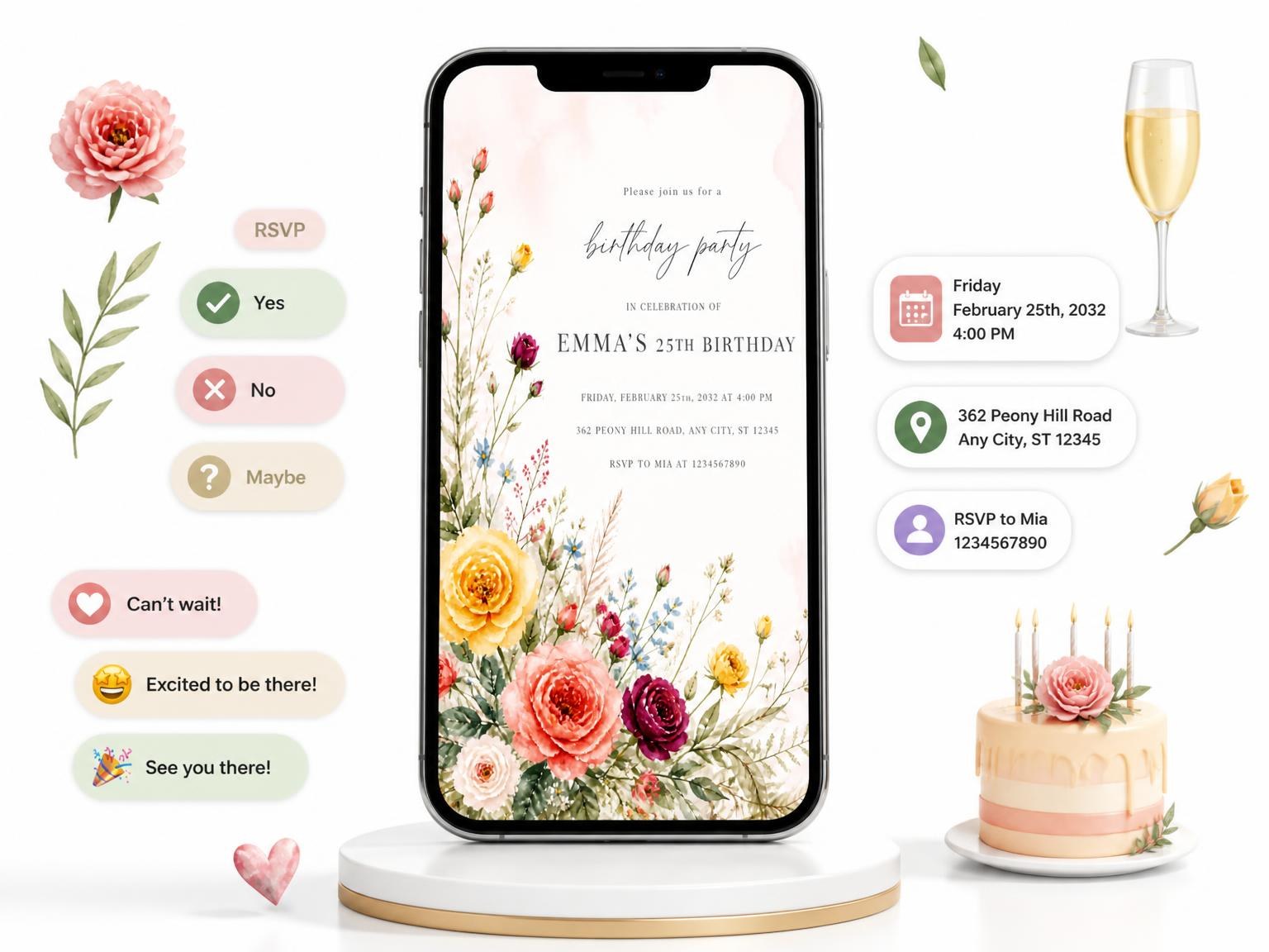 The Wildflower Garden Golden 25th Birthday Invitation invitation on a phone, with guest RSVPs arriving around it