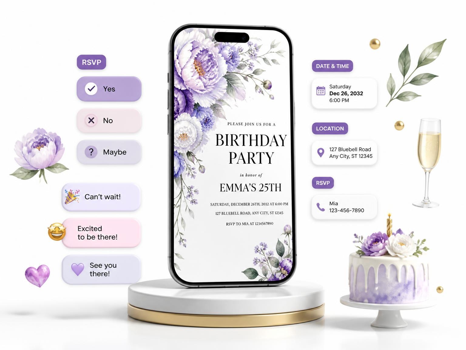 The Botanical Floral Lavender 25th Birthday Invitation invitation on a phone, with guest RSVPs arriving around it
