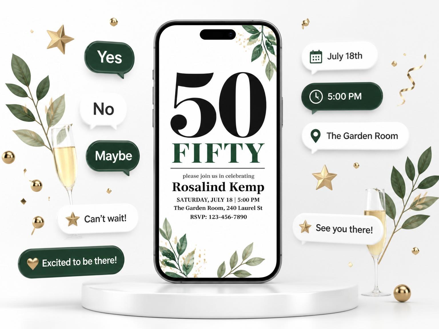 The Forest Green Bold Serif 50th Birthday invitation on a phone, with guest RSVPs arriving around it
