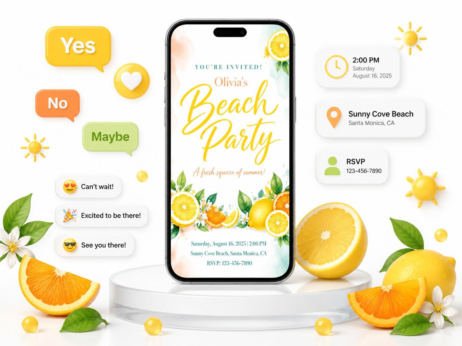 The Watercolor Citrus Beach Summer Party invitation on a phone, with guest RSVPs arriving around it