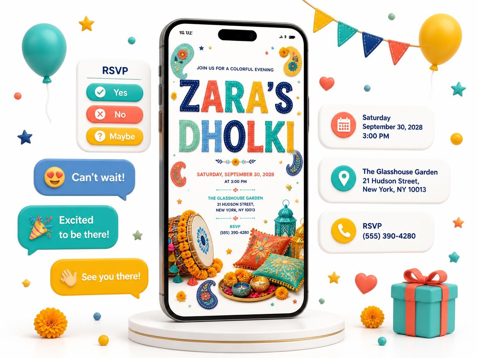 The Embroidered Cushions Dholki Invitation invitation on a phone, with guest RSVPs arriving around it