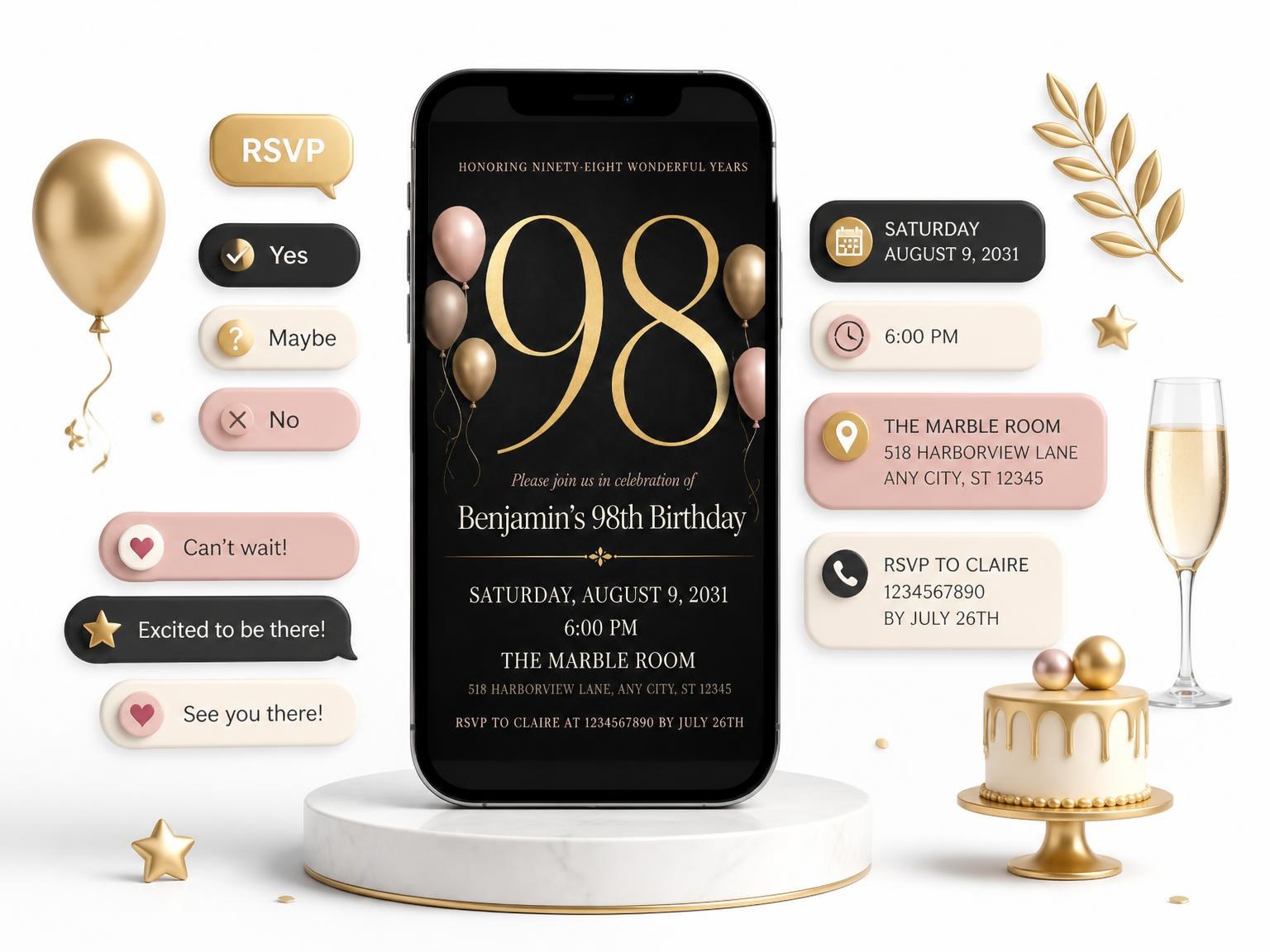 The Charcoal and Blush 98th Birthday Invitation invitation on a phone, with guest RSVPs arriving around it