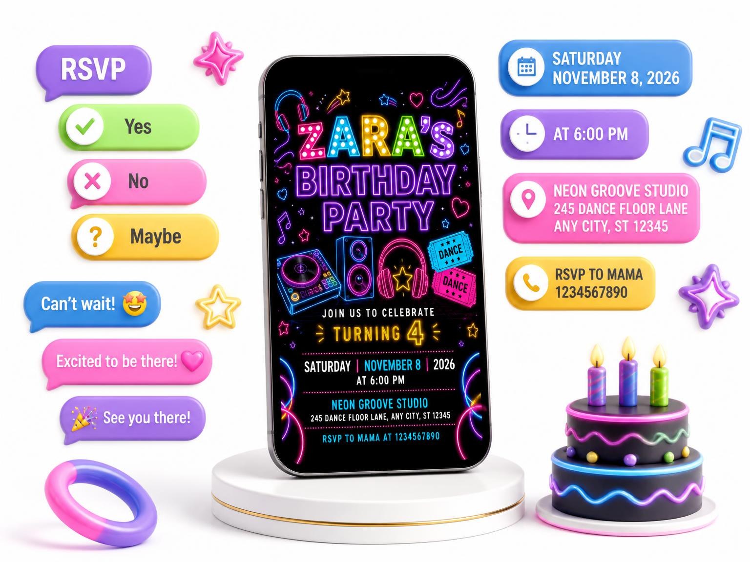 The Neon Dance Party 4th Birthday Invitation invitation on a phone, with guest RSVPs arriving around it