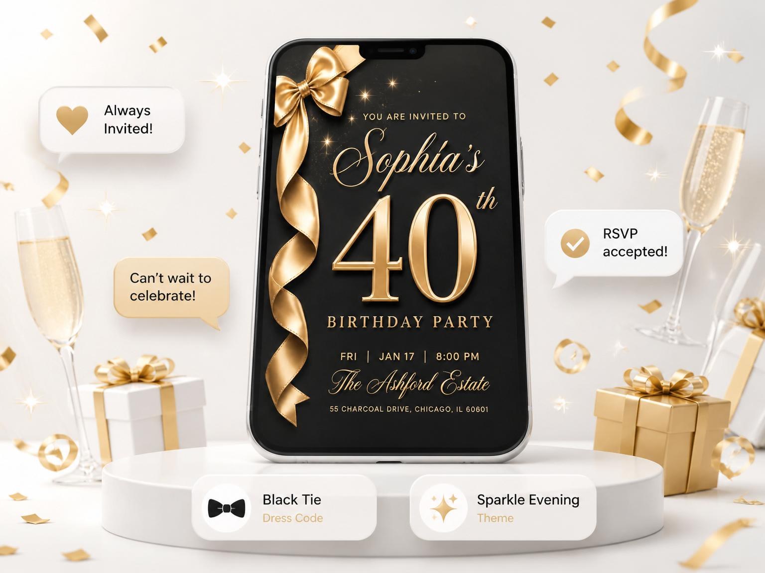 The Black and Gold Ribbon 40th Birthday invitation on a phone, with guest RSVPs arriving around it