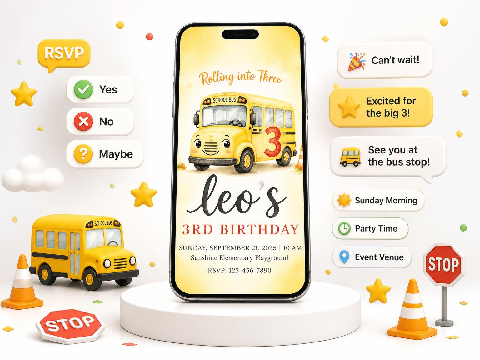 The Watercolor School Bus 3rd Birthday invitation on a phone, with guest RSVPs arriving around it
