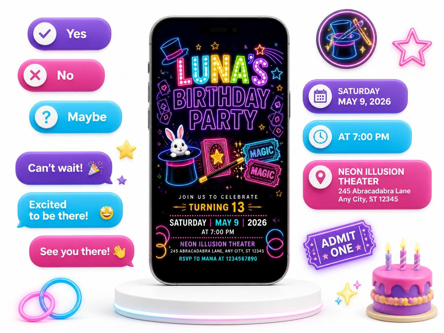 The Neon Magic Show 13th Birthday Invitation invitation on a phone, with guest RSVPs arriving around it