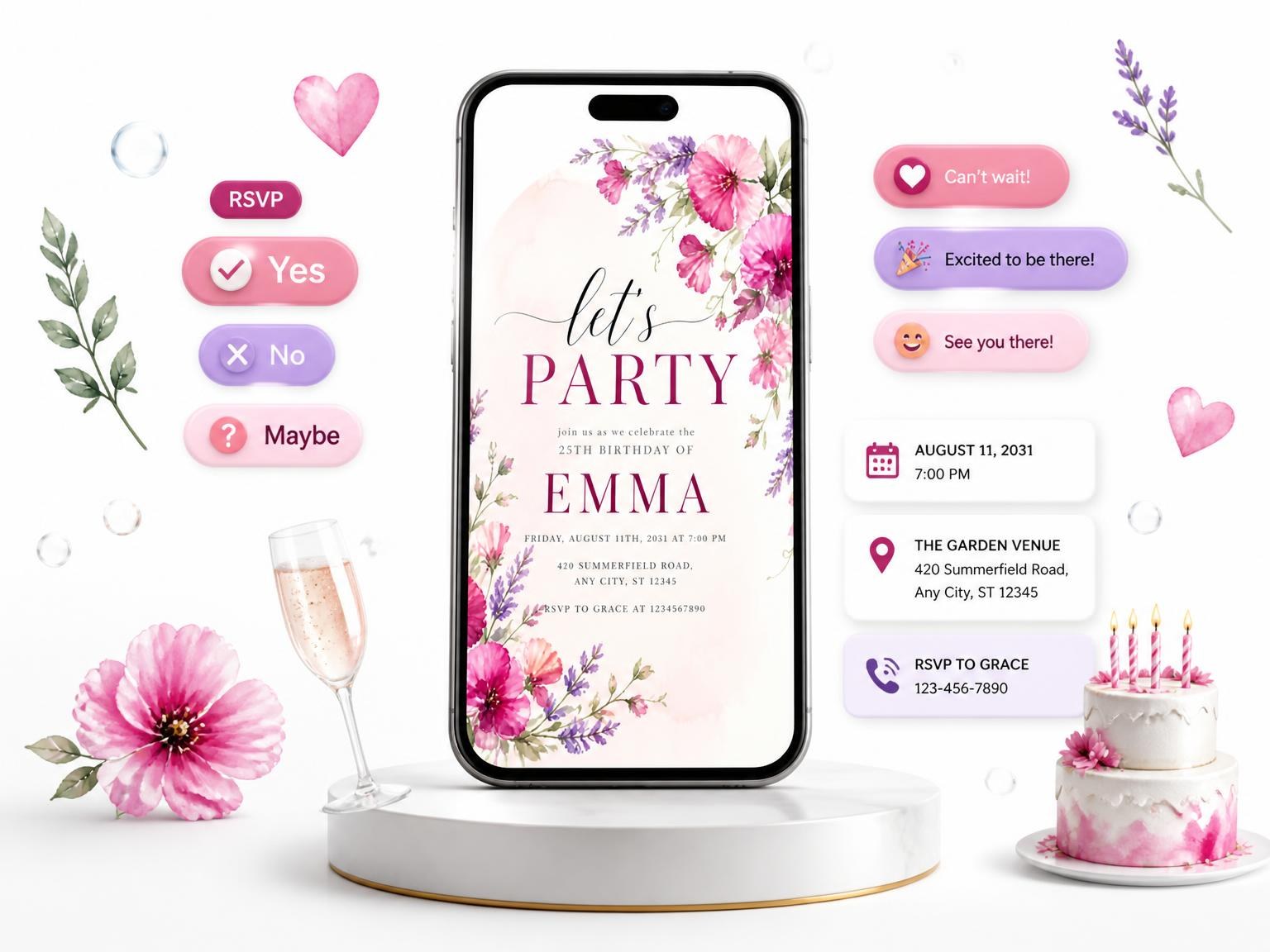 The Fuchsia Floral Sprays 25th Birthday Invitation invitation on a phone, with guest RSVPs arriving around it