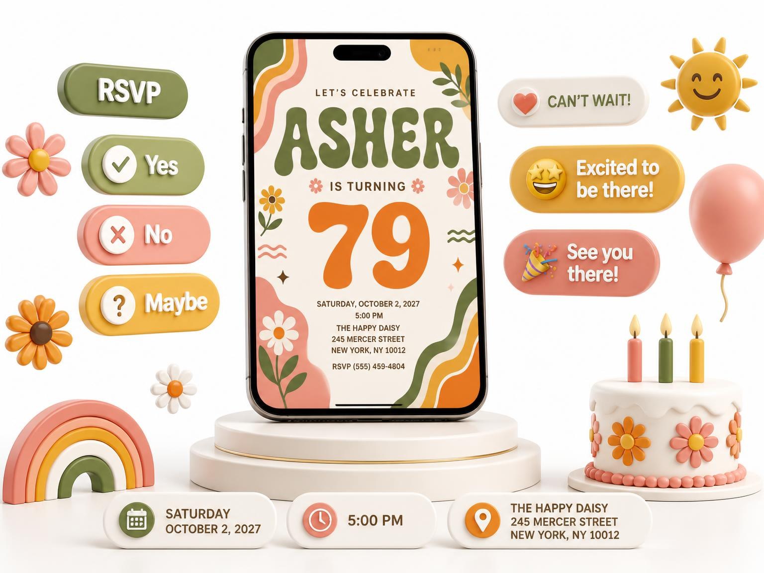 The Groovy Retro 79th Birthday Invitation invitation on a phone, with guest RSVPs arriving around it