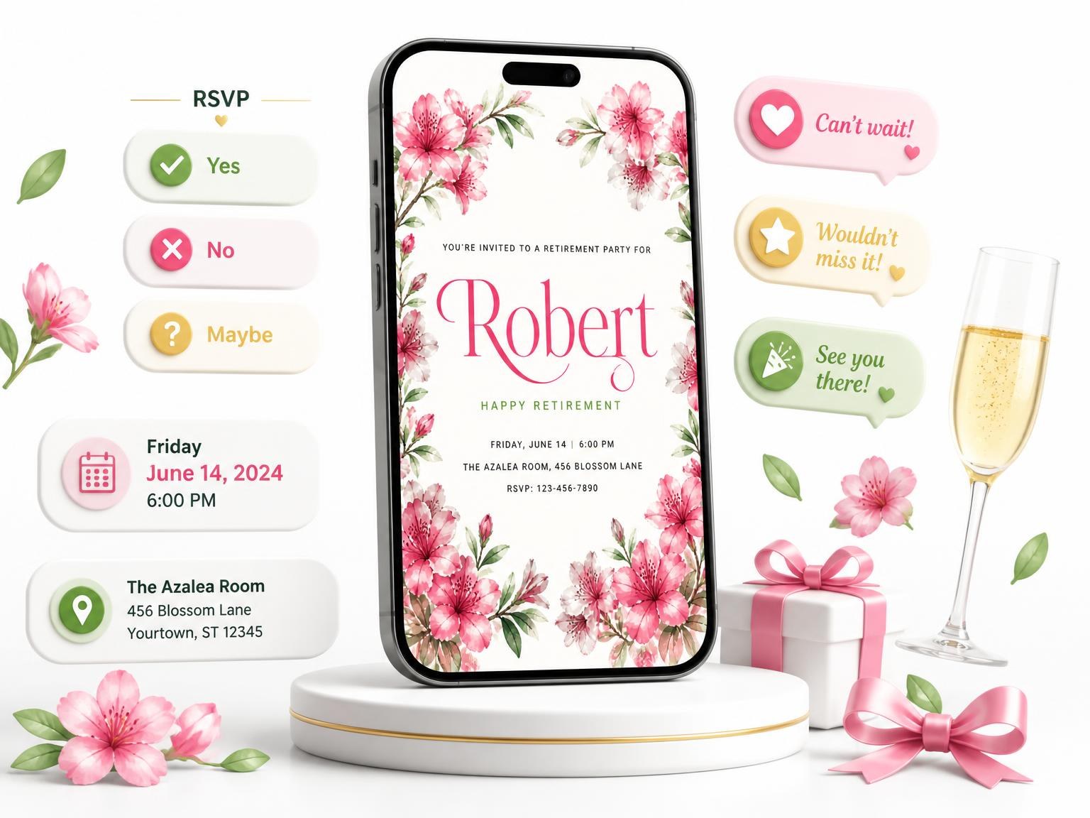 The Azalea Floral Retirement Party Invitation invitation on a phone, with guest RSVPs arriving around it